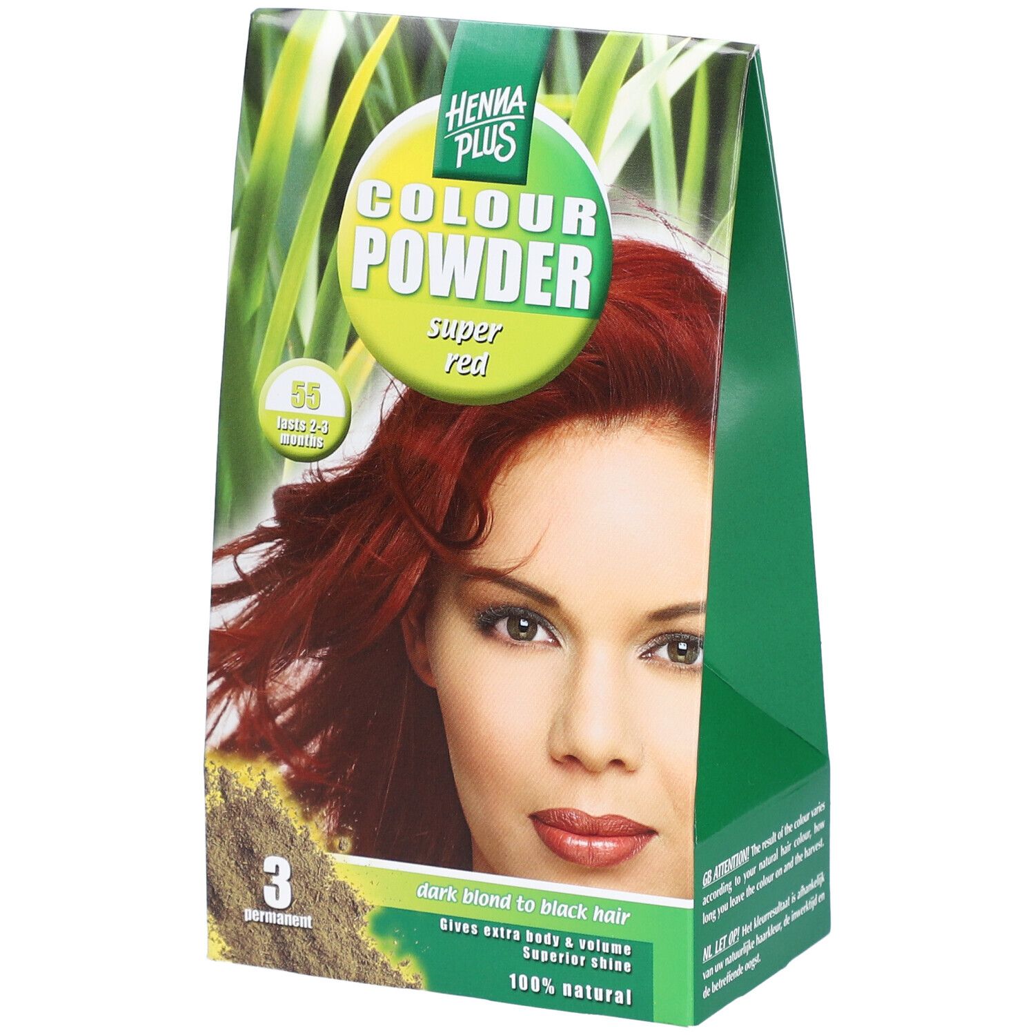 Grüne Verpackung mit HENNA PLUS Colour Powder, Super Rot. Abbildung einer Frau mit roten Haaren. 55 Super Rot, 3 permanent.