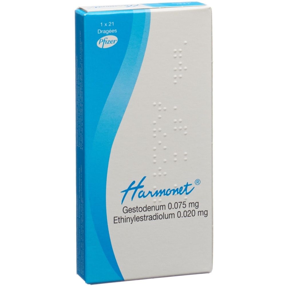 Kartonverpackung mit blau-weißem Design. Aufschrift: HARMONET. Vertikale Ansicht.
