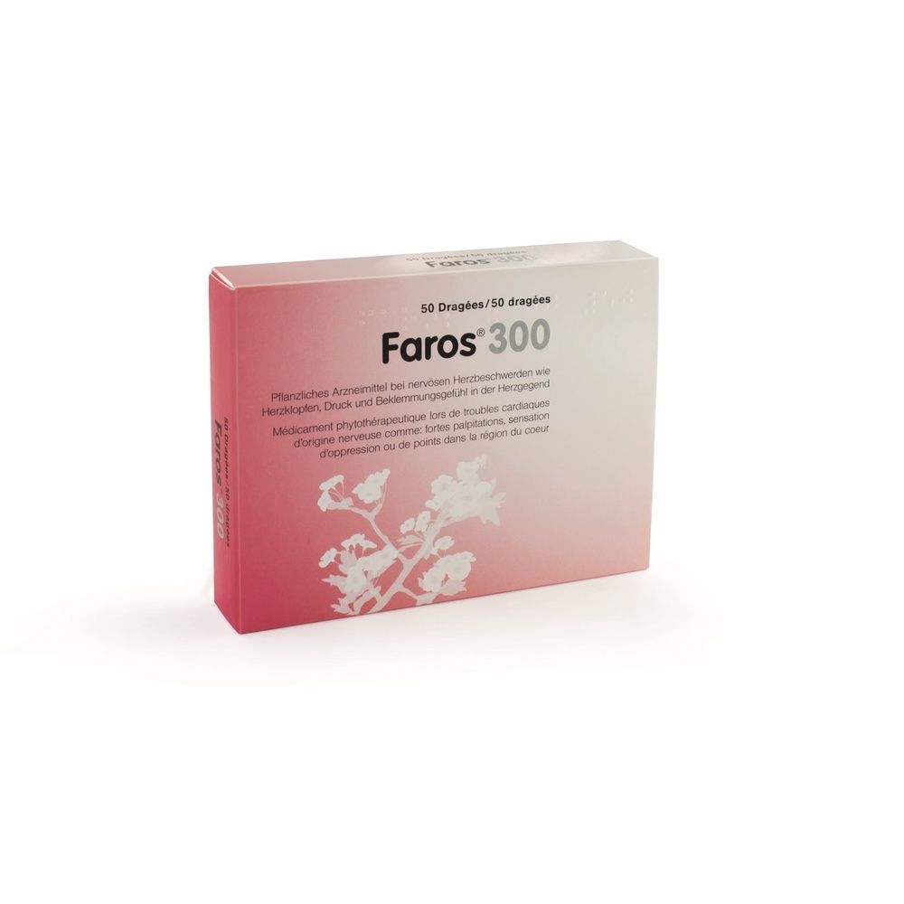 Boîte rose avec "Faros 300". Contient 50 dragées. Texte en allemand et français. Médicament phytothérapeutique.