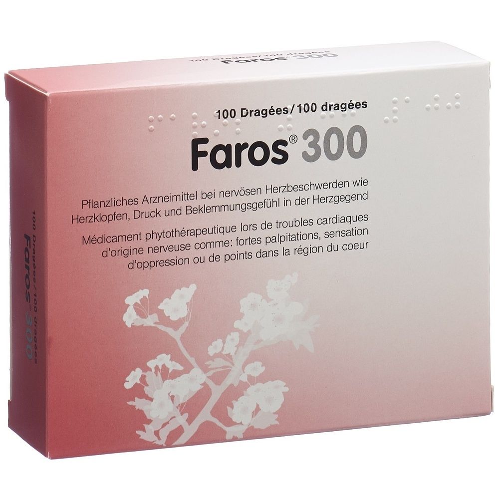 Karton mit "Faros 300". Aufschrift: 100 Dragées. Text in Deutsch und Französisch. Rosa-weißes Design mit floralem Muster.