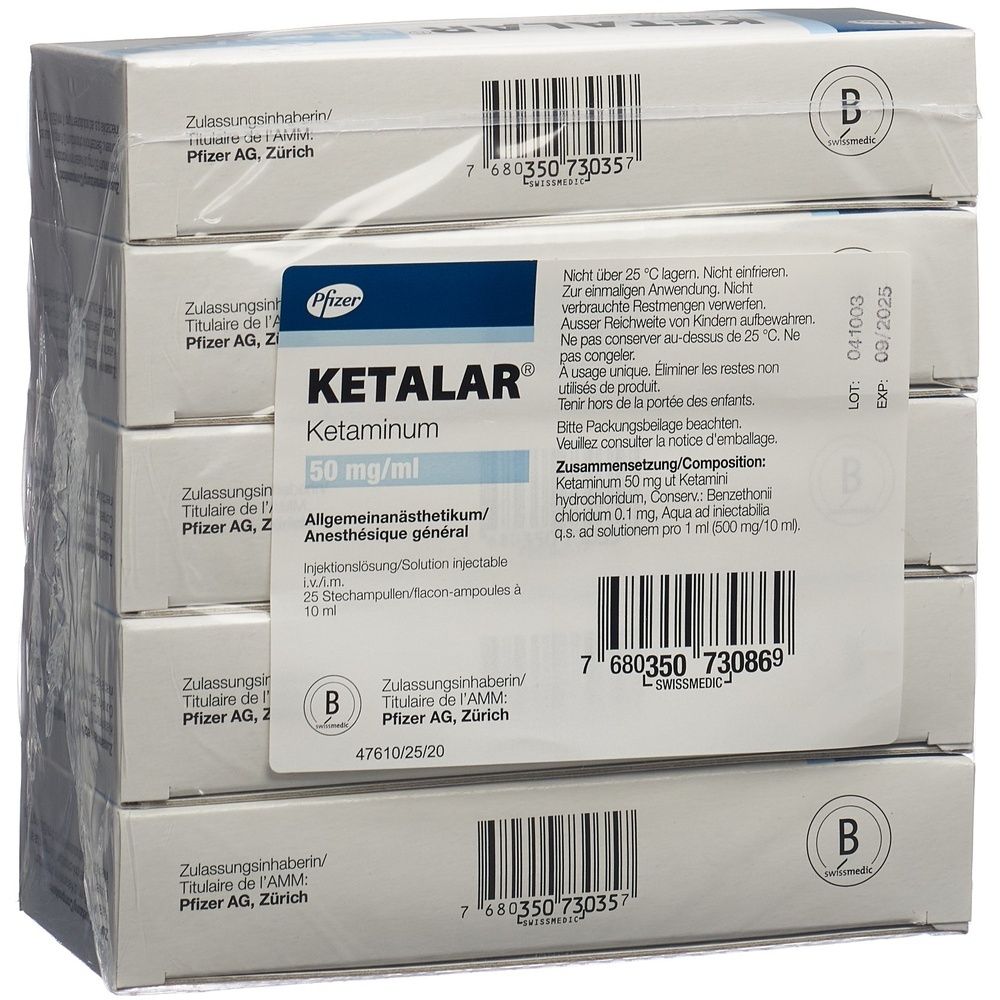 Verpackung von KETALAR, Ketaminum, 50 mg/ml. Mehrere Kartons in Folie verpackt. Aufdrucke: Pfizer, Chargennummer, Verfallsdatum.