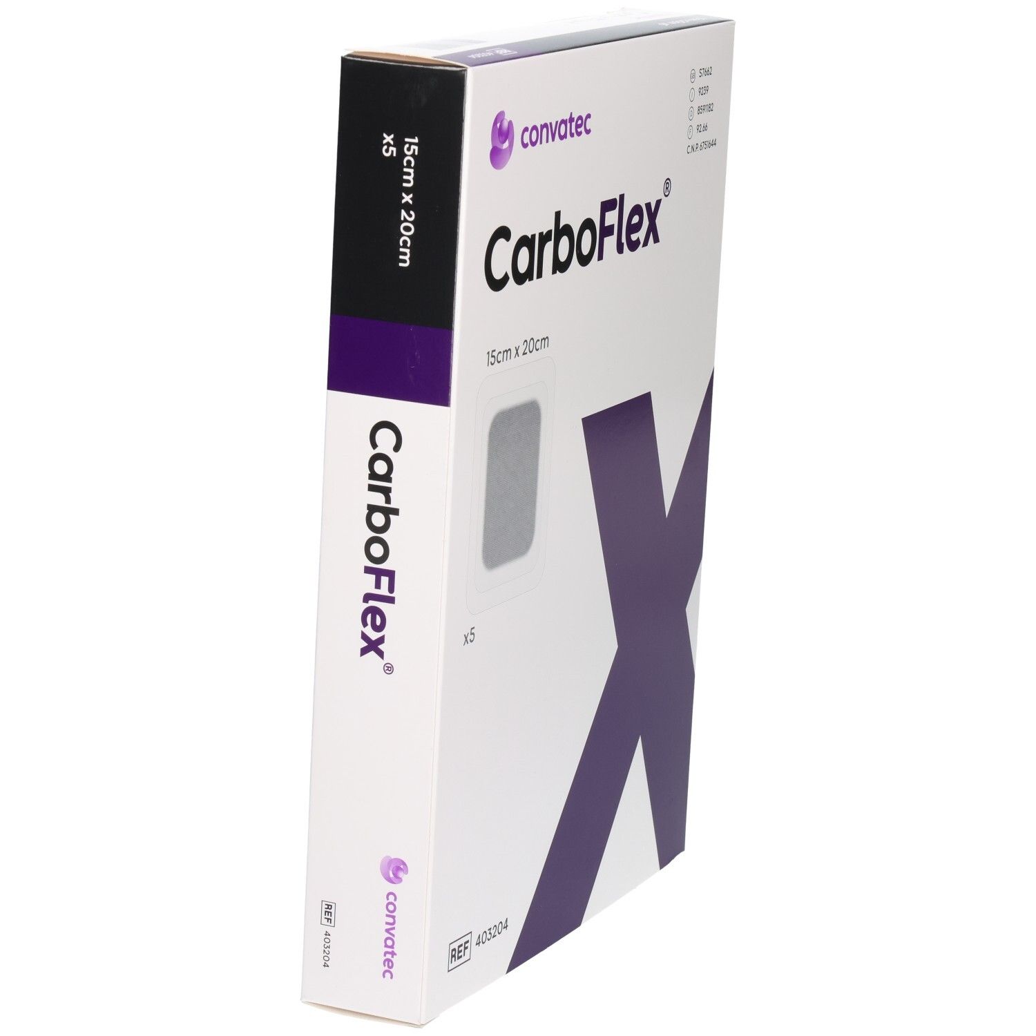 CARBOFLEX Aktivkohle Verband 15x20cm steril, 5 Stück. Seitenansicht der Kartonverpackung.