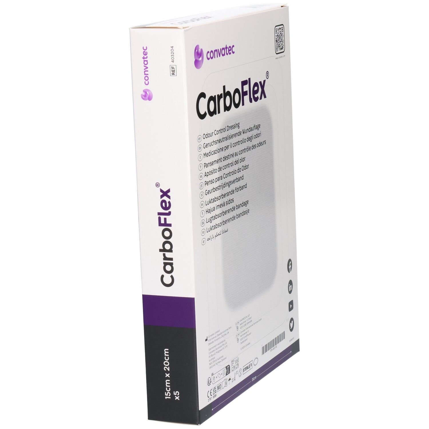 CARBOFLEX Aktivkohle Verband 15x20cm steril, 5 Stück. Schrägansicht der Kartonverpackung.