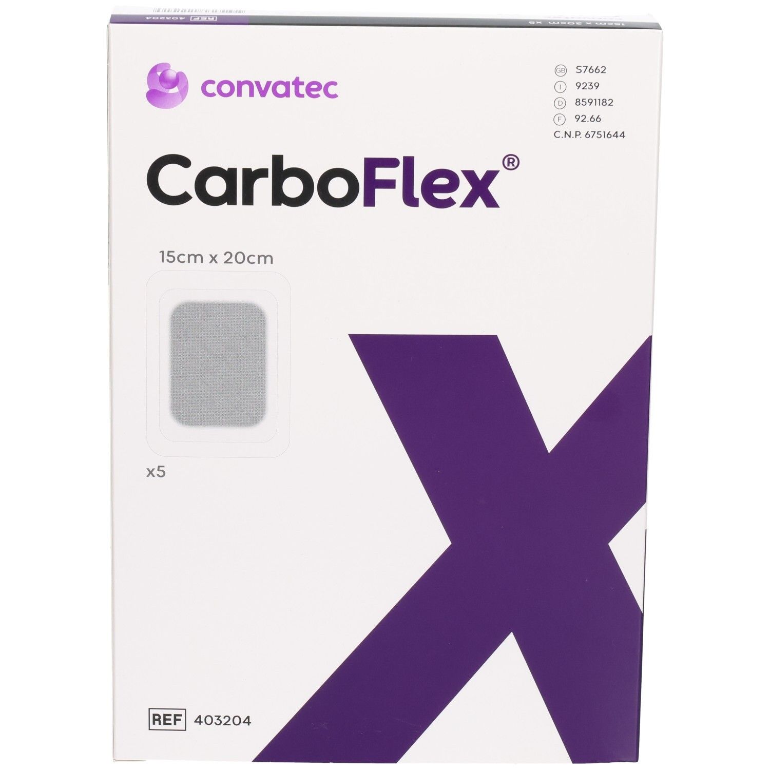CARBOFLEX Aktivkohle Verband 15x20cm steril, 5 Stück. Vorderseite der Kartonverpackung mit Produktabbildung.