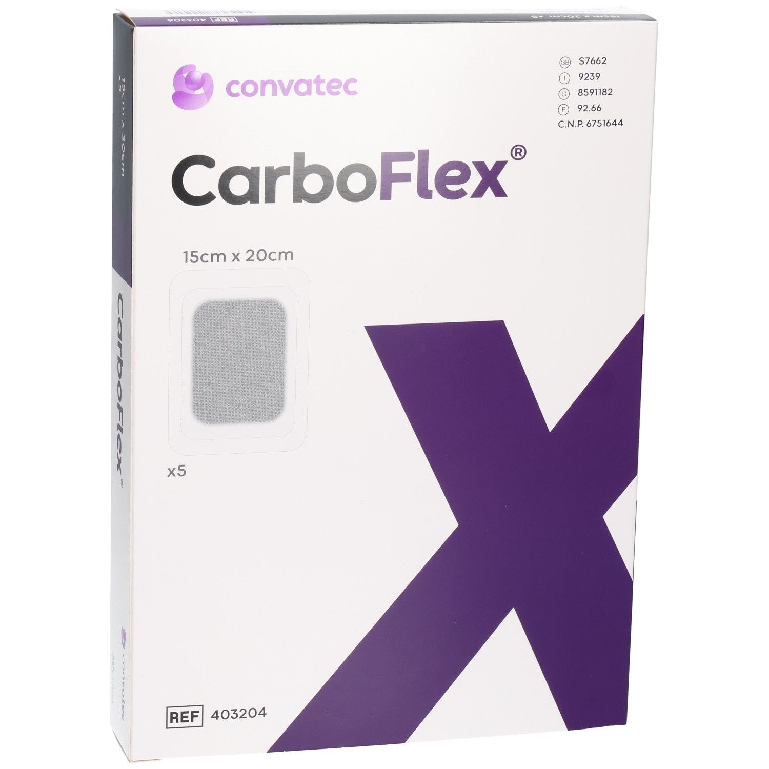 CARBOFLEX Aktivkohle Verband 15x20cm steril, 5 Stück. Detailansicht der Kartonverpackung.