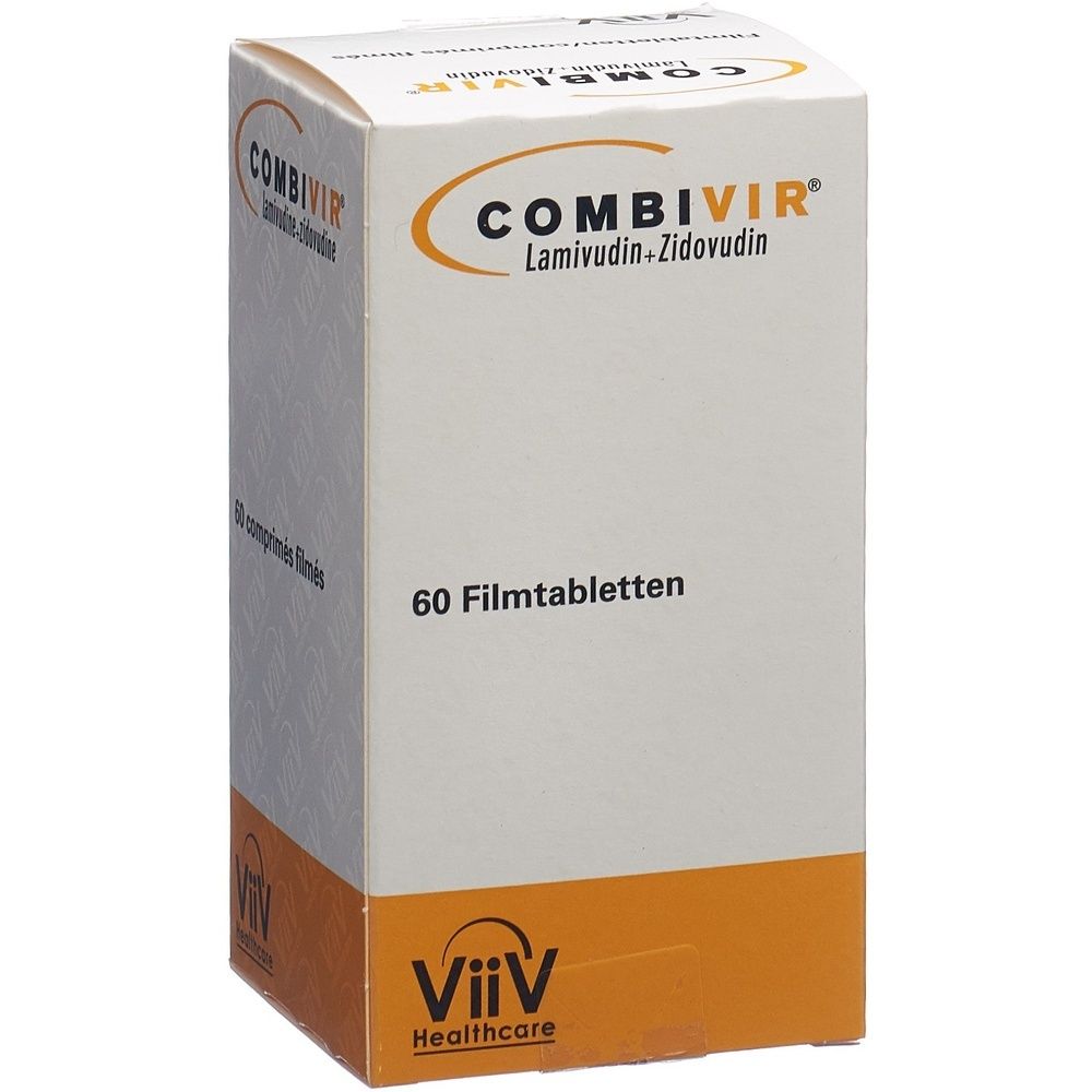 Kartonverpackung. Weiß mit orangefarbenem Boden. Schriftzug: COMBIVIR, 150mg/300mg. Logo oben links.