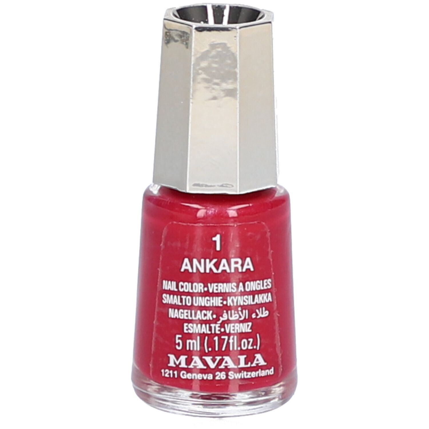 Nagellackflasche, rot. Bezeichnung: Ankara, Nail Color, 5 ml. Marke: Mavala. Silberfarbener Deckel. Aufschrift: 1.