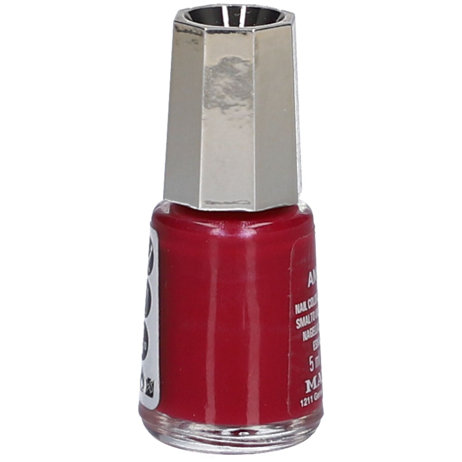 Nagellackflasche, rot. Bezeichnung: Ankara, Nail Color, 5 ml. Marke: Mavala. Silberfarbener Deckel. Etikett mit Text.