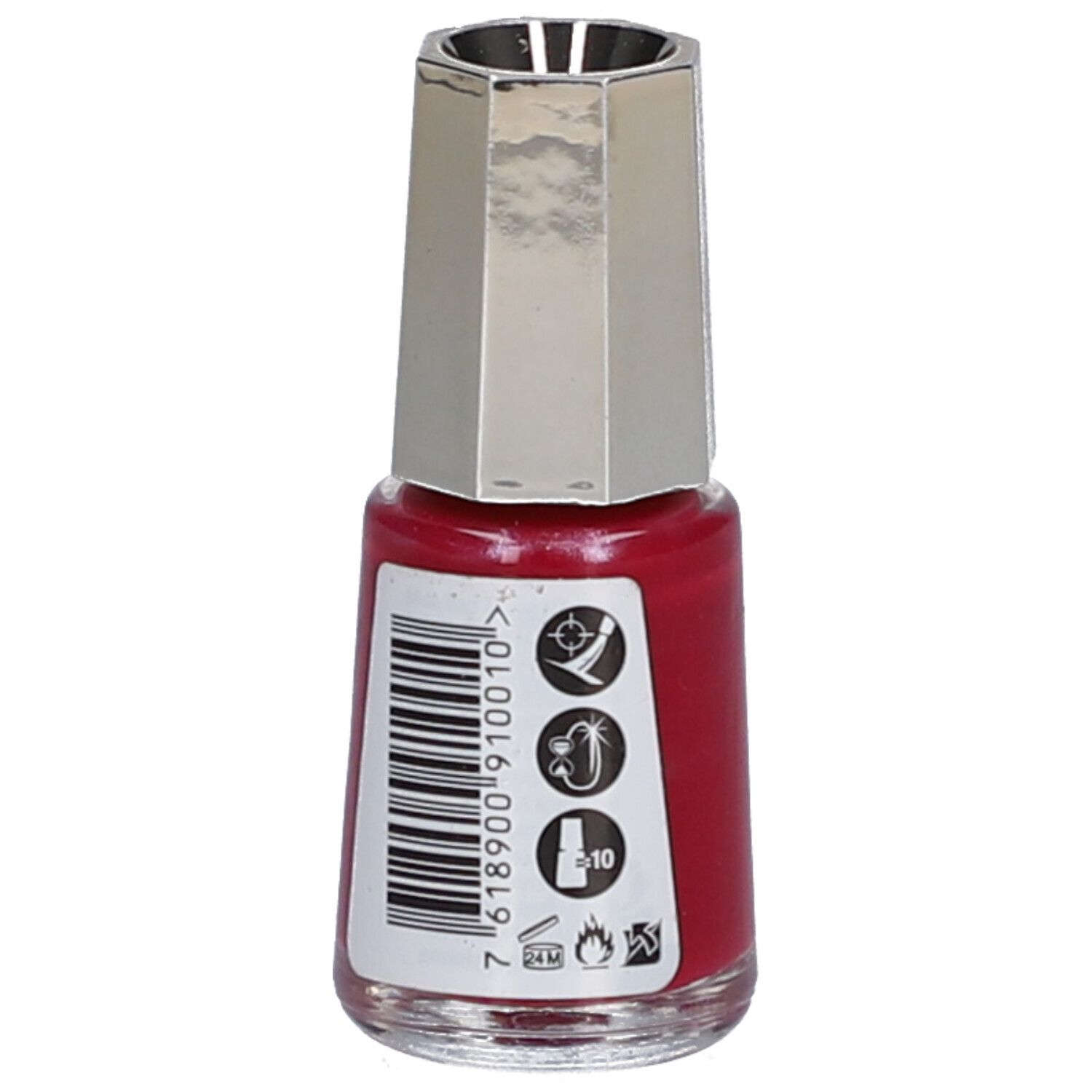 Nagellackflasche, rot. Rückseite mit Barcode und Symbolen. Marke: Mavala. Silberfarbener Deckel.