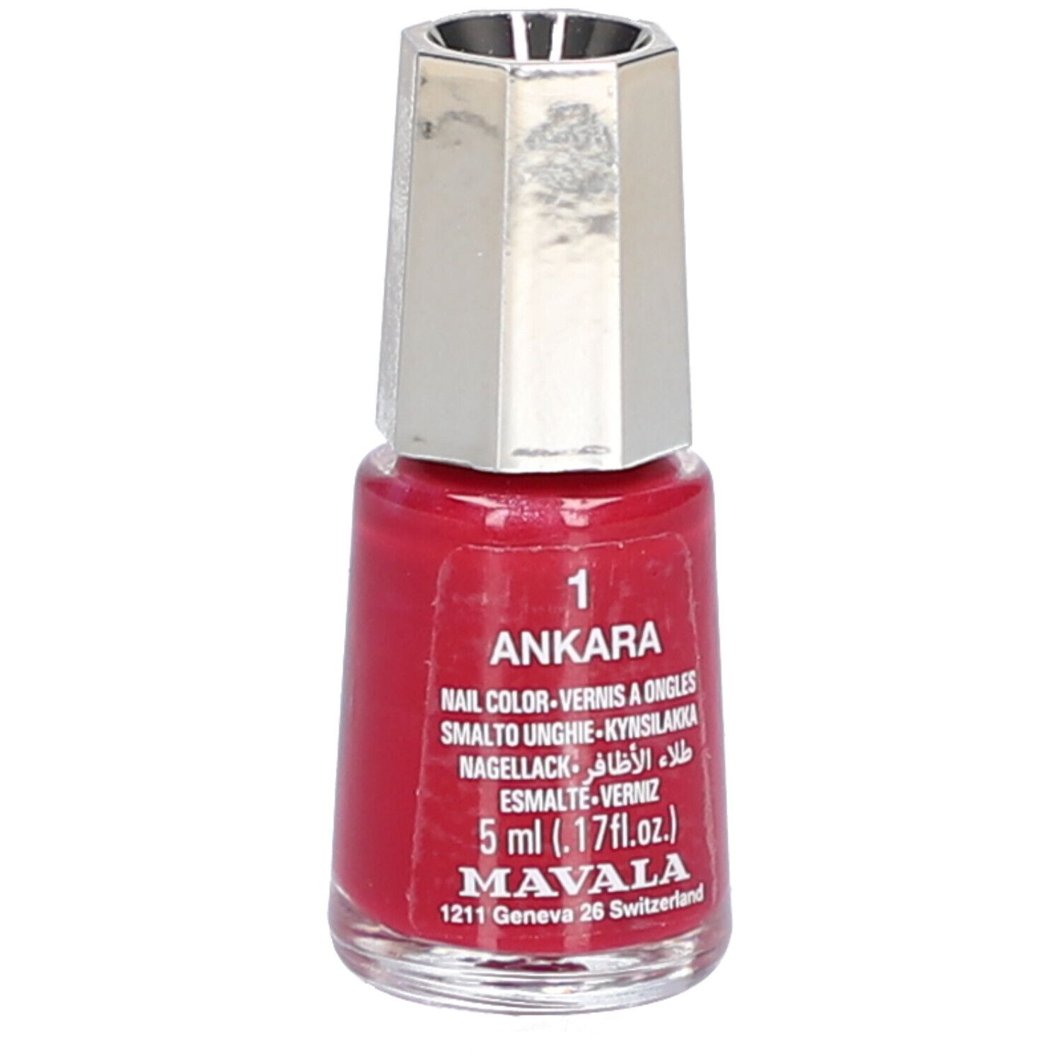 Nagellackflasche, rot. Bezeichnung: Ankara, Nail Color, 5 ml. Marke: Mavala. Silberfarbener Deckel. Aufschrift: 1.