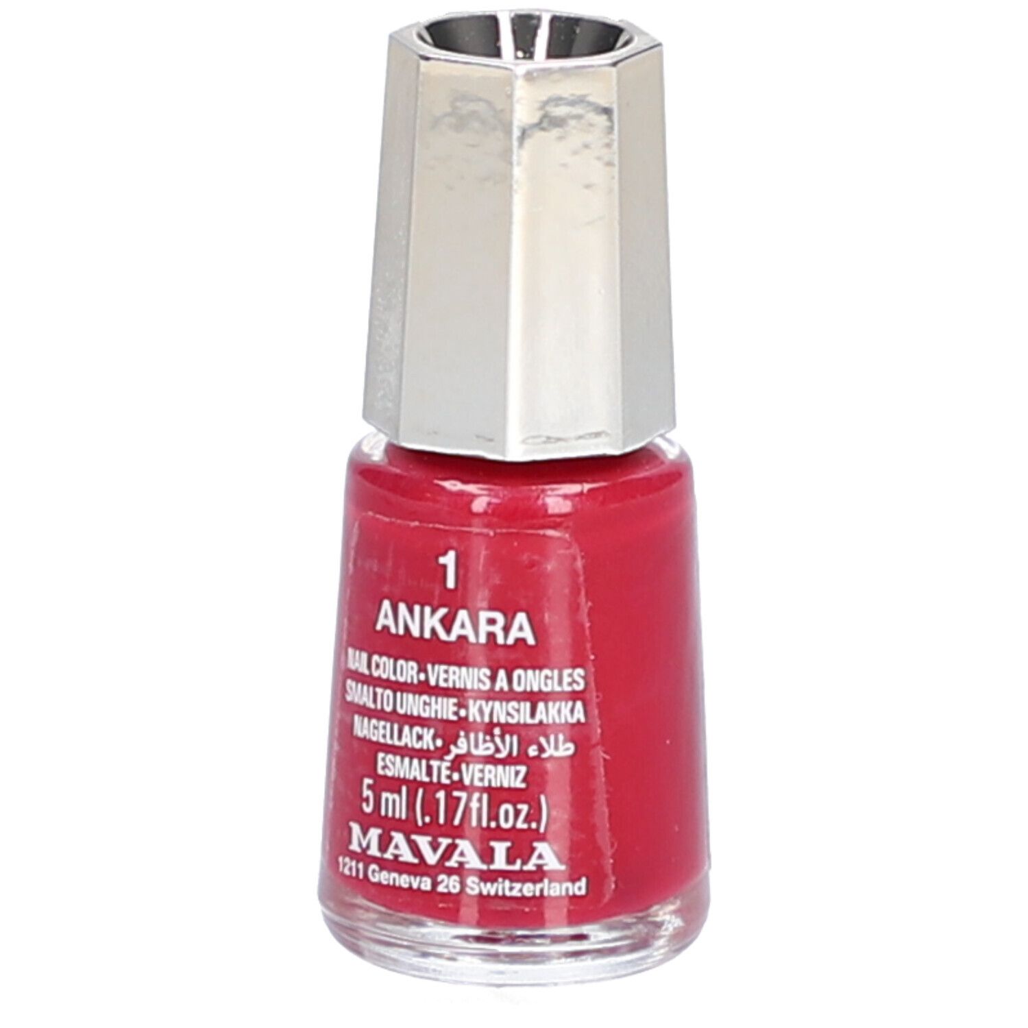 Nagellackflasche, rot. Bezeichnung: Ankara, Nail Color, 5 ml. Marke: Mavala. Silberfarbener Deckel. Aufschrift: 1.