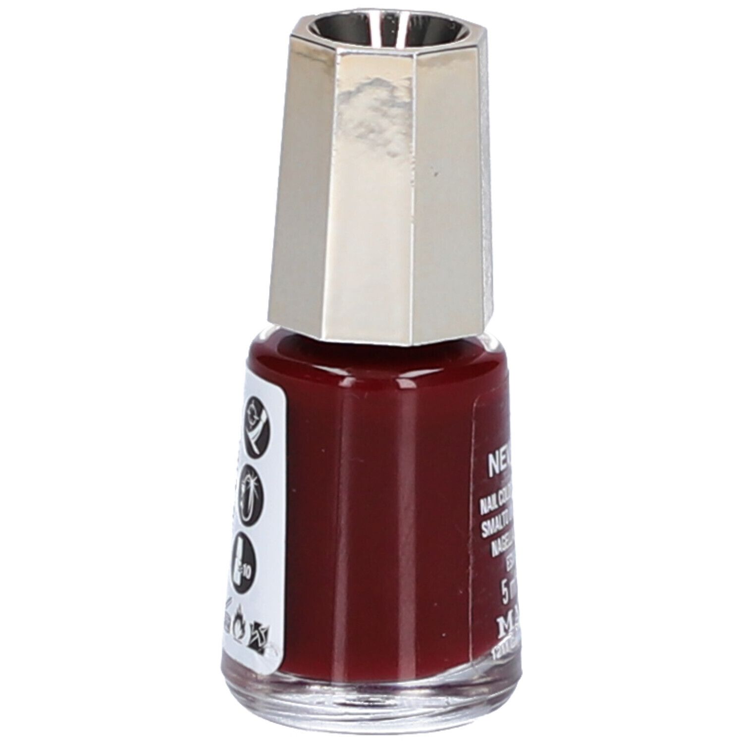 Nagellackflasche, dunkelrot. Silberfarbener Deckel. Auf der Seite Symbole und Text.