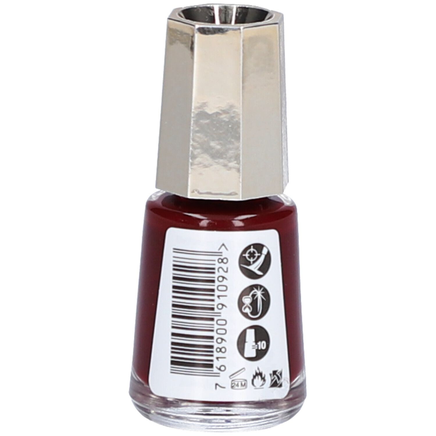 Nagellackflasche, dunkelrot. Silberfarbener Deckel. Barcode und Symbole auf der Seite.