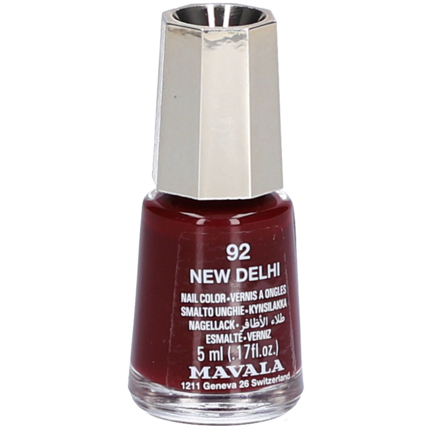 Nagellackflasche, dunkelrot. Silberfarbener Deckel. Aufschrift: 92 New Delhi, Nagellack, 5 ml, Mavala.