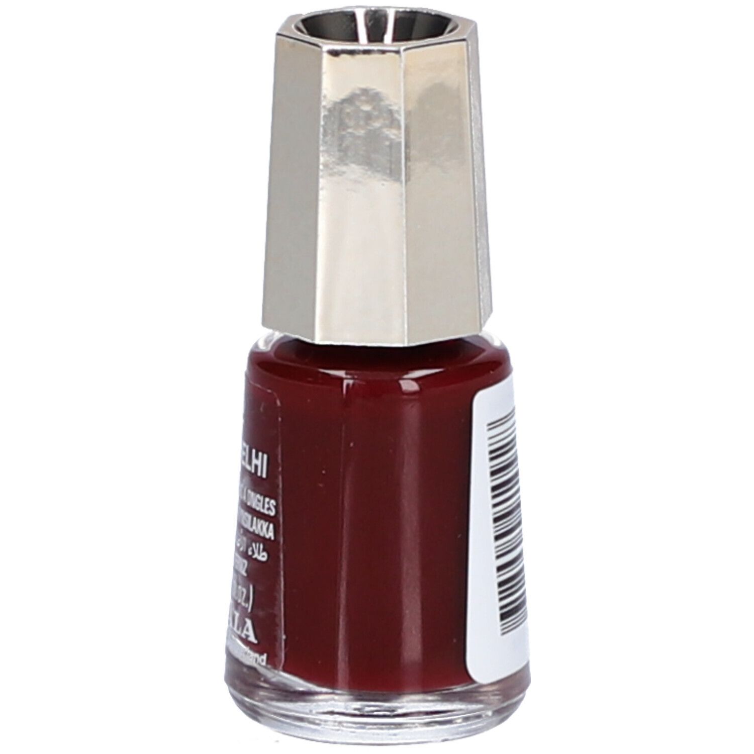 Nagellackflasche, dunkelrot. Silberfarbener Deckel. Auf der Seite Text.