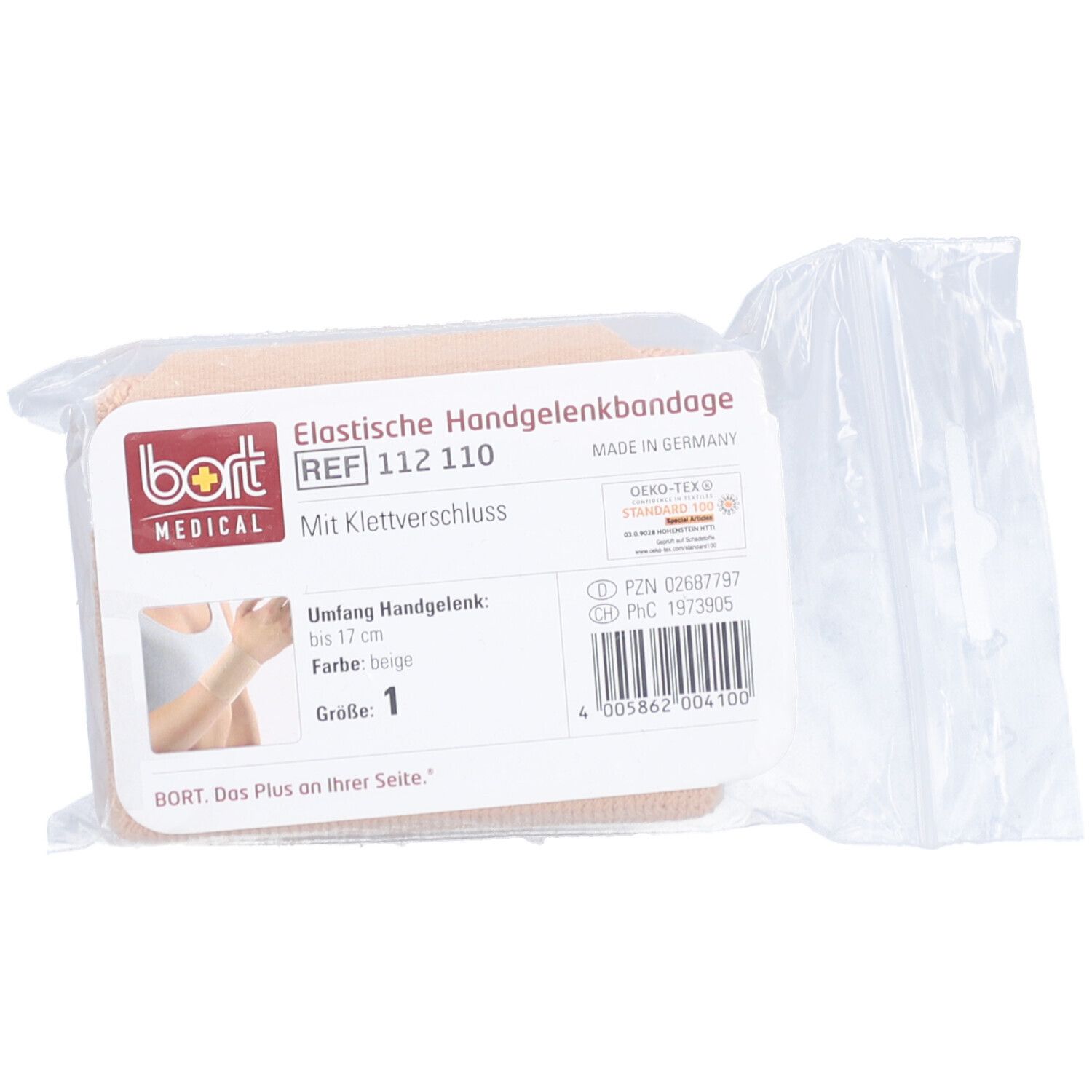 Elastische Handgelenkbandage mit Klettverschluss. Größe 1, Farbe: beige. Produkt in transparenter Verpackung mit Etikett.