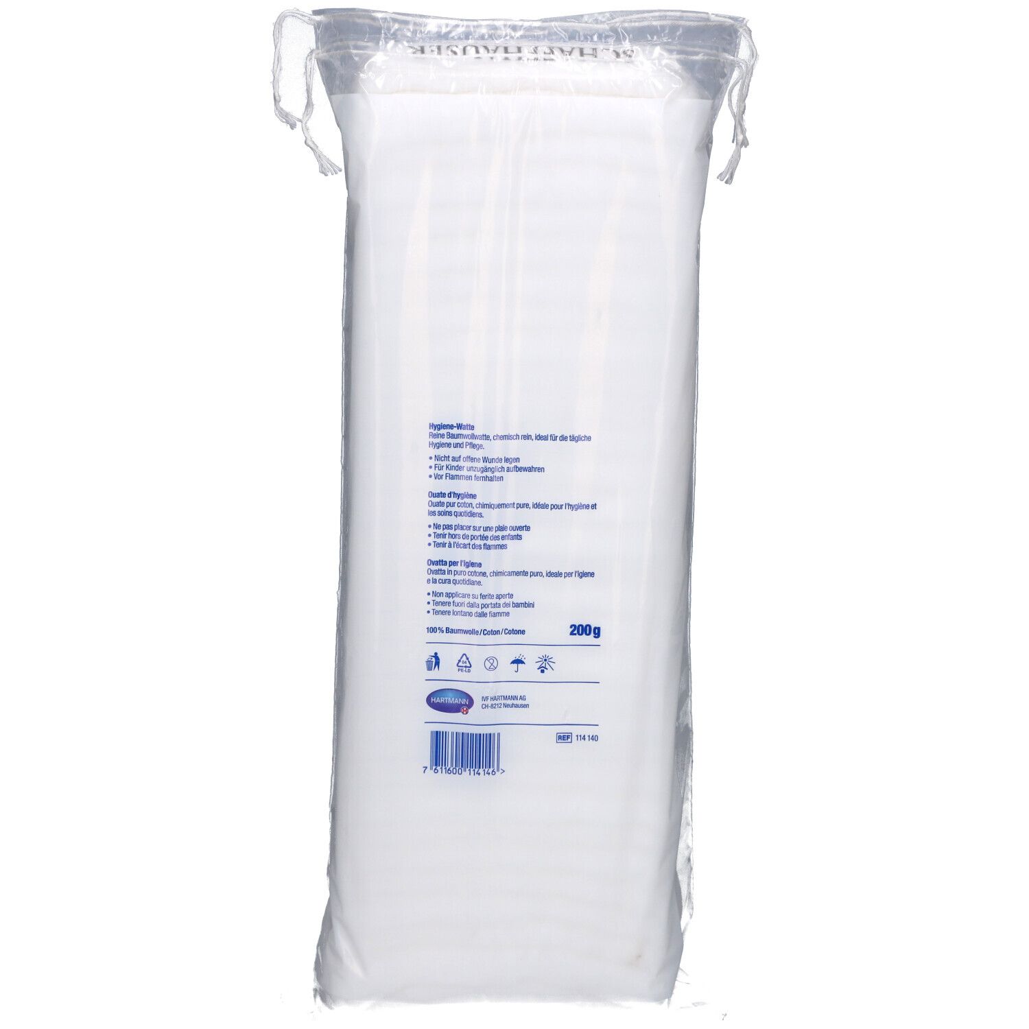 Rückseite der Watteverpackung. Text in mehreren Sprachen. 200g. HARTMANN-Logo. Informationen zur Zusammensetzung und Pflege.