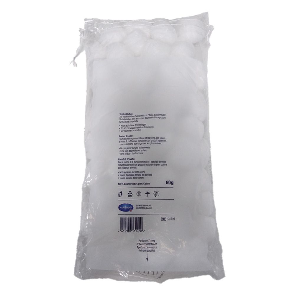 Dos de l'emballage transparent avec boules de coton. Texte et logo.