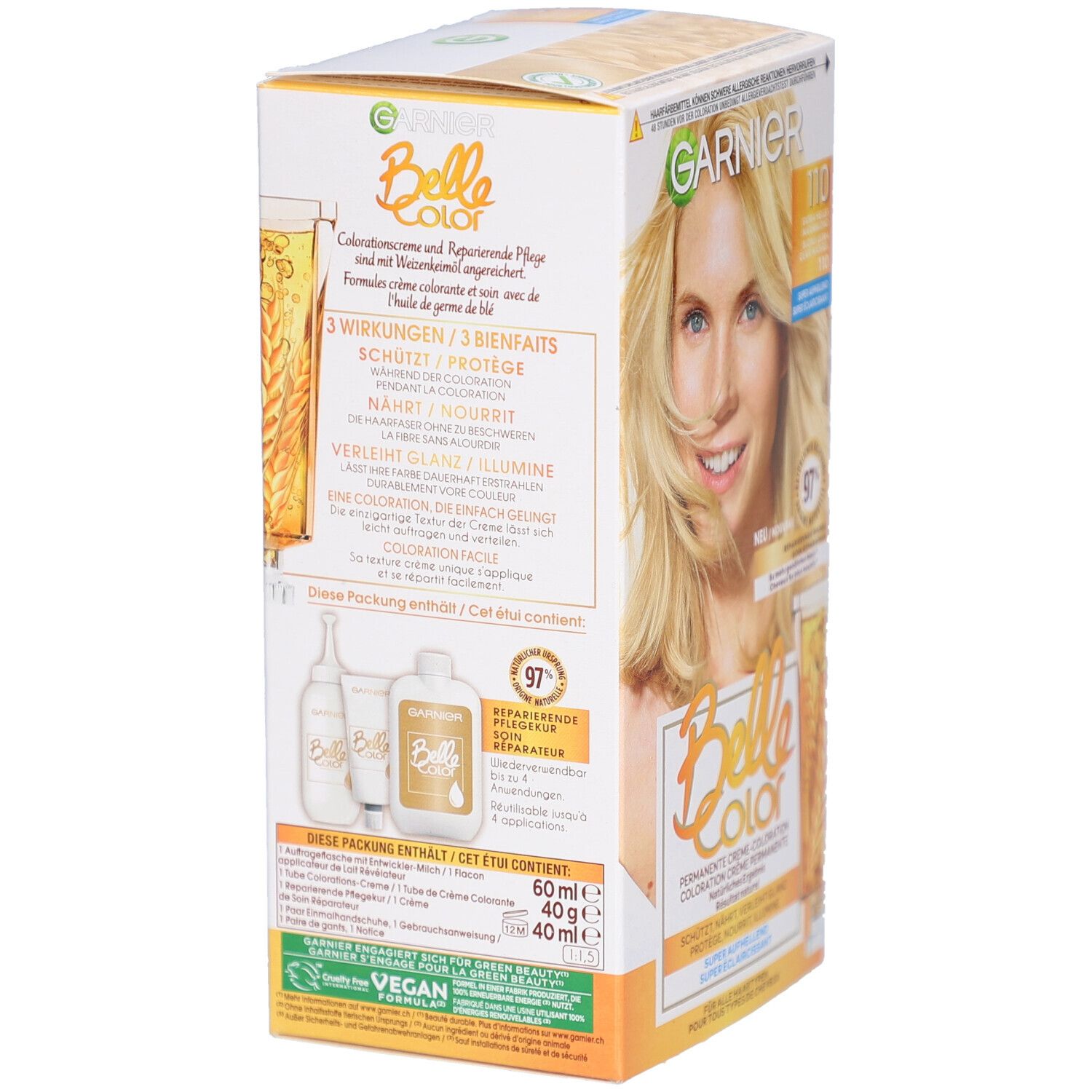 Boîte Garnier Belle Color. Arrière avec informations produit. Contient 60ml coloration, 40ml révélateur. Label Vegan.