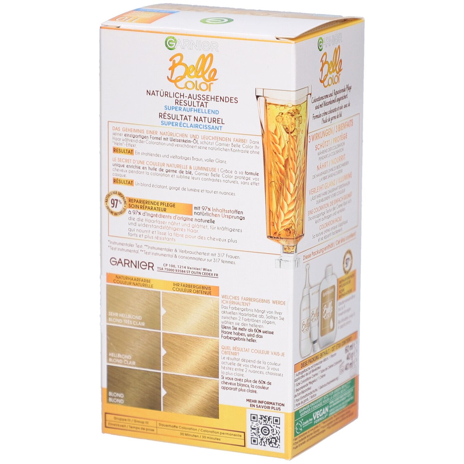 Boîte Garnier Belle Color. Arrière avec informations produit. Exemples de teintes. Label Vegan.