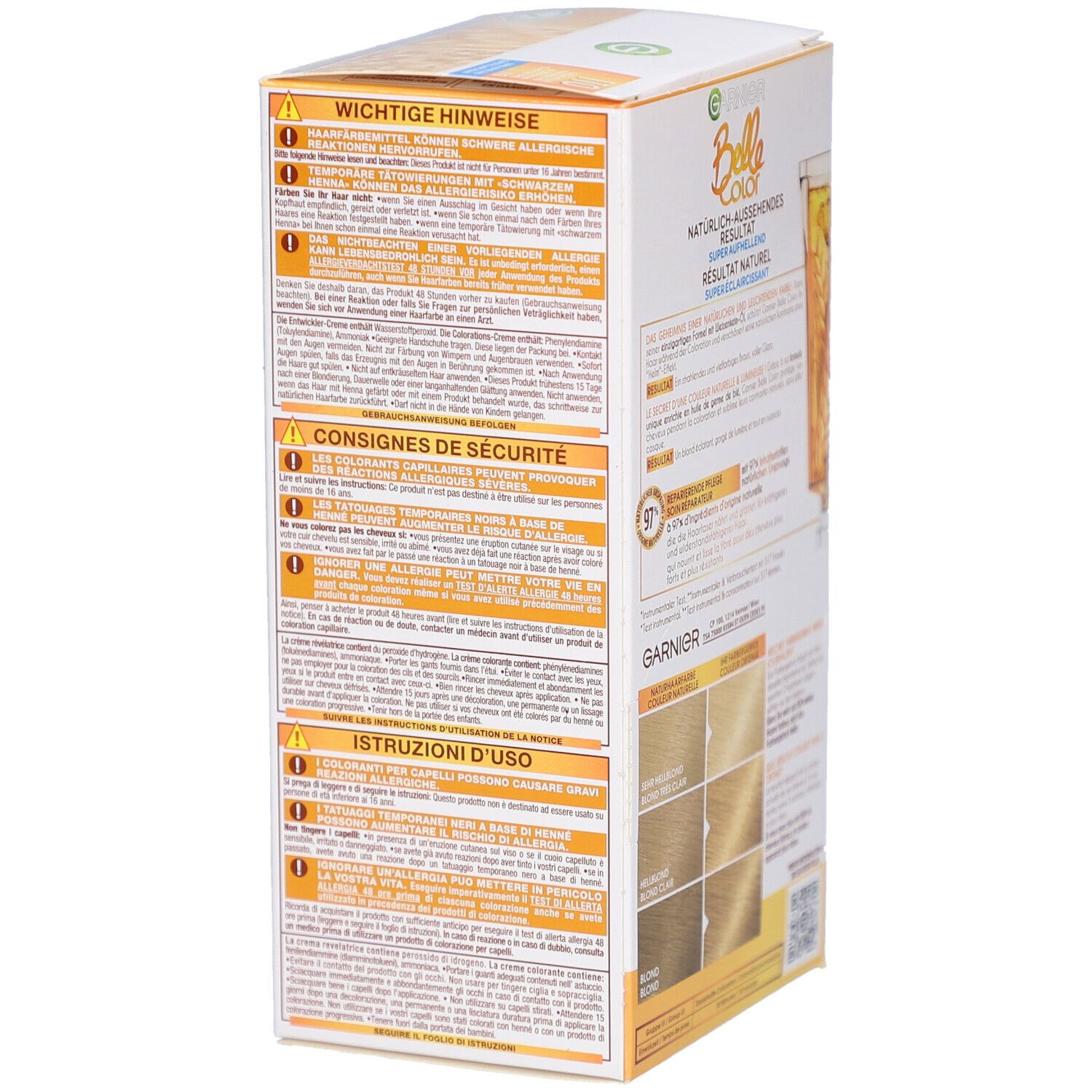 Boîte Garnier Belle Color. Côté avec avertissements et mode d'emploi. Exemples de teintes.