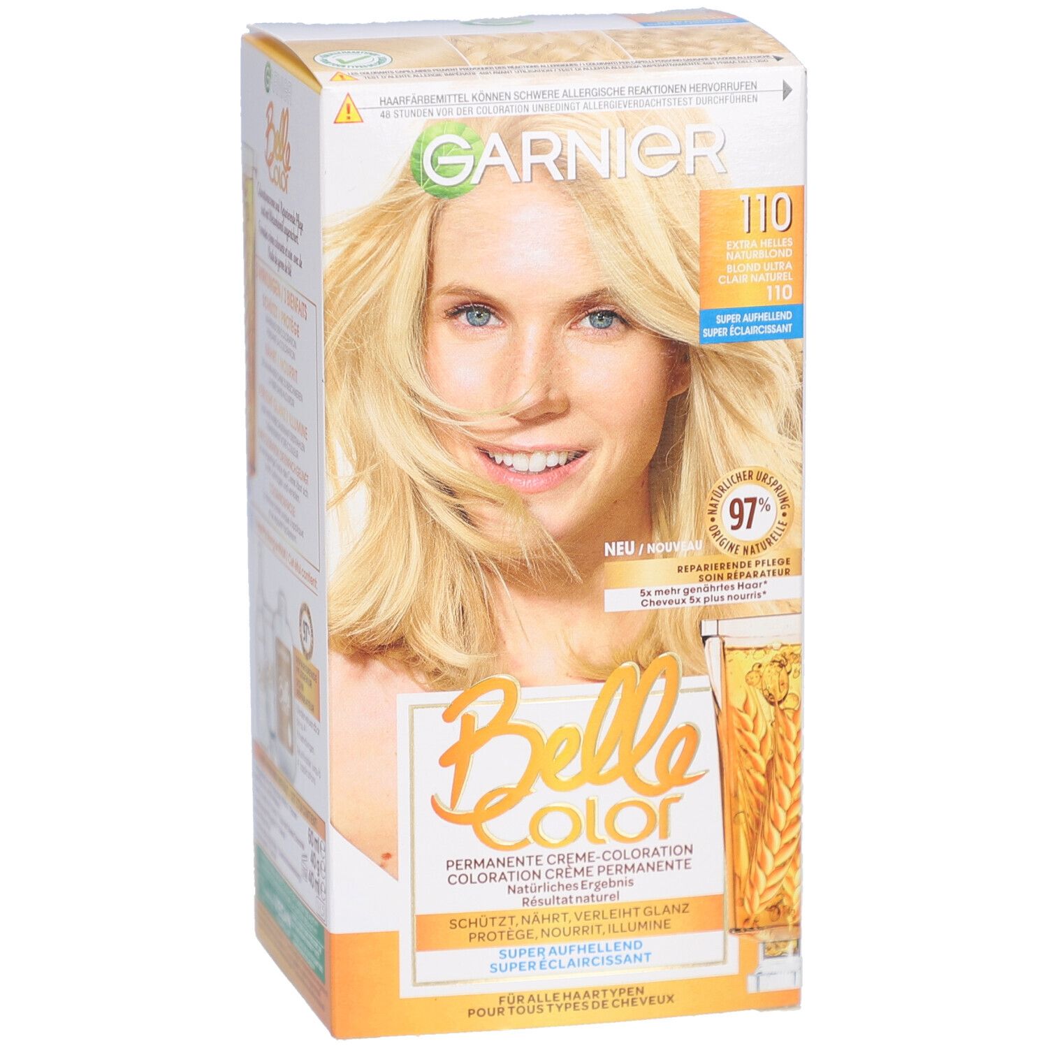 Boîte Garnier Belle Color. Avant avec femme blonde. Teinte 110 Blond Ultra Clair Naturel. 97% soin réparateur.
