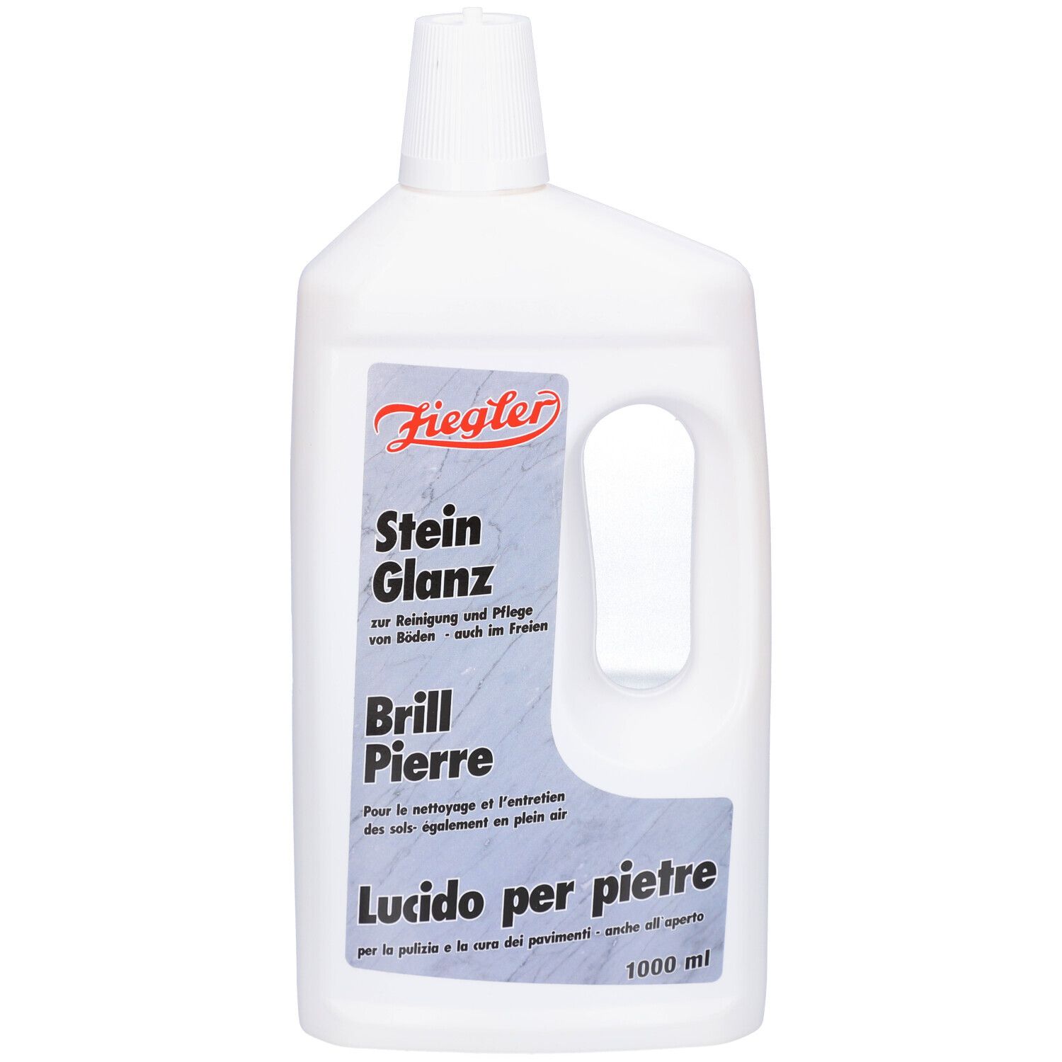 Flacon blanc avec poignée, étiquette "Ziegler Stein Glanz" et logo. 1000 ml.