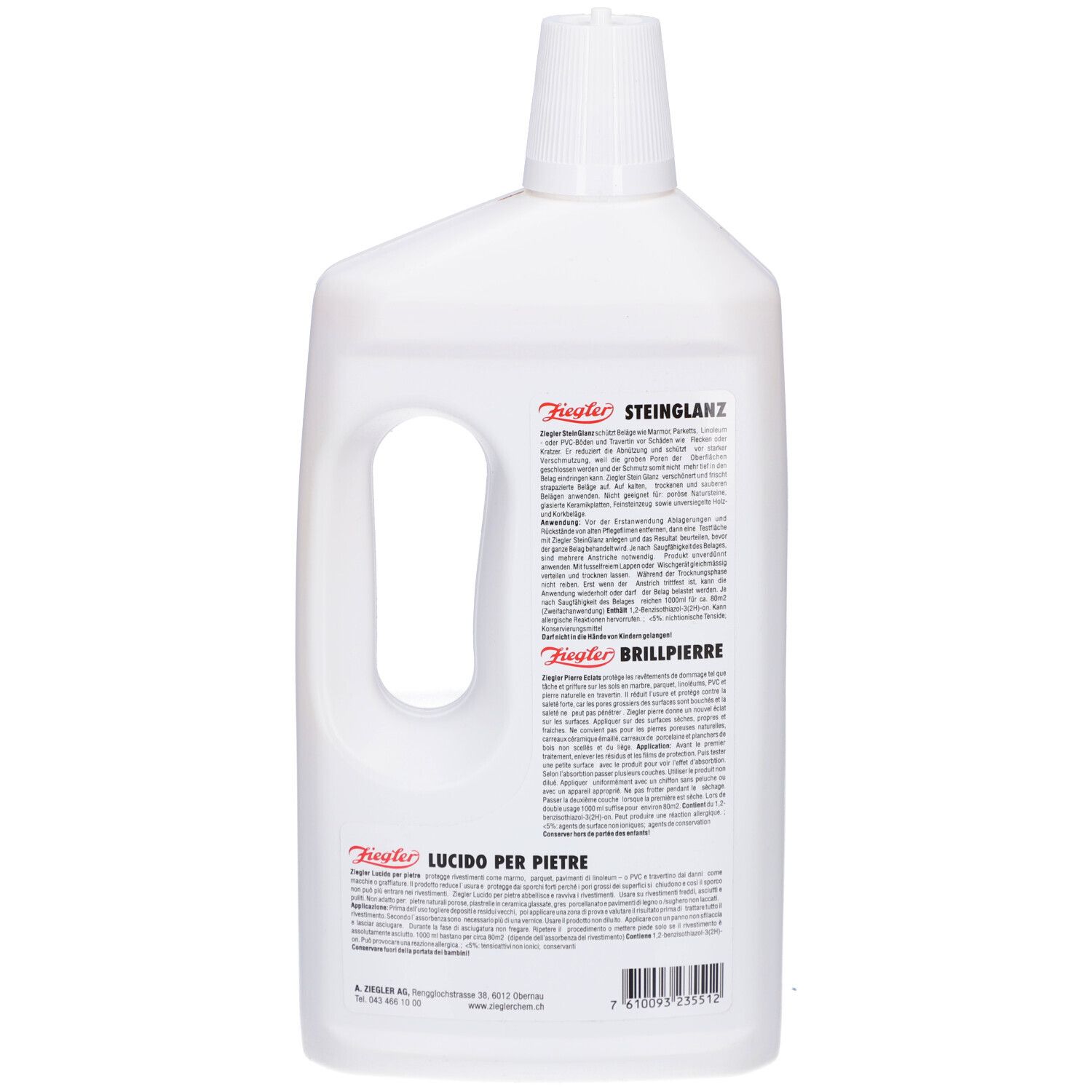 Dos du flacon blanc. Texte sur l'étiquette : "Ziegler Stein Glanz", "Brill Pierre", "Lucido per pietre".