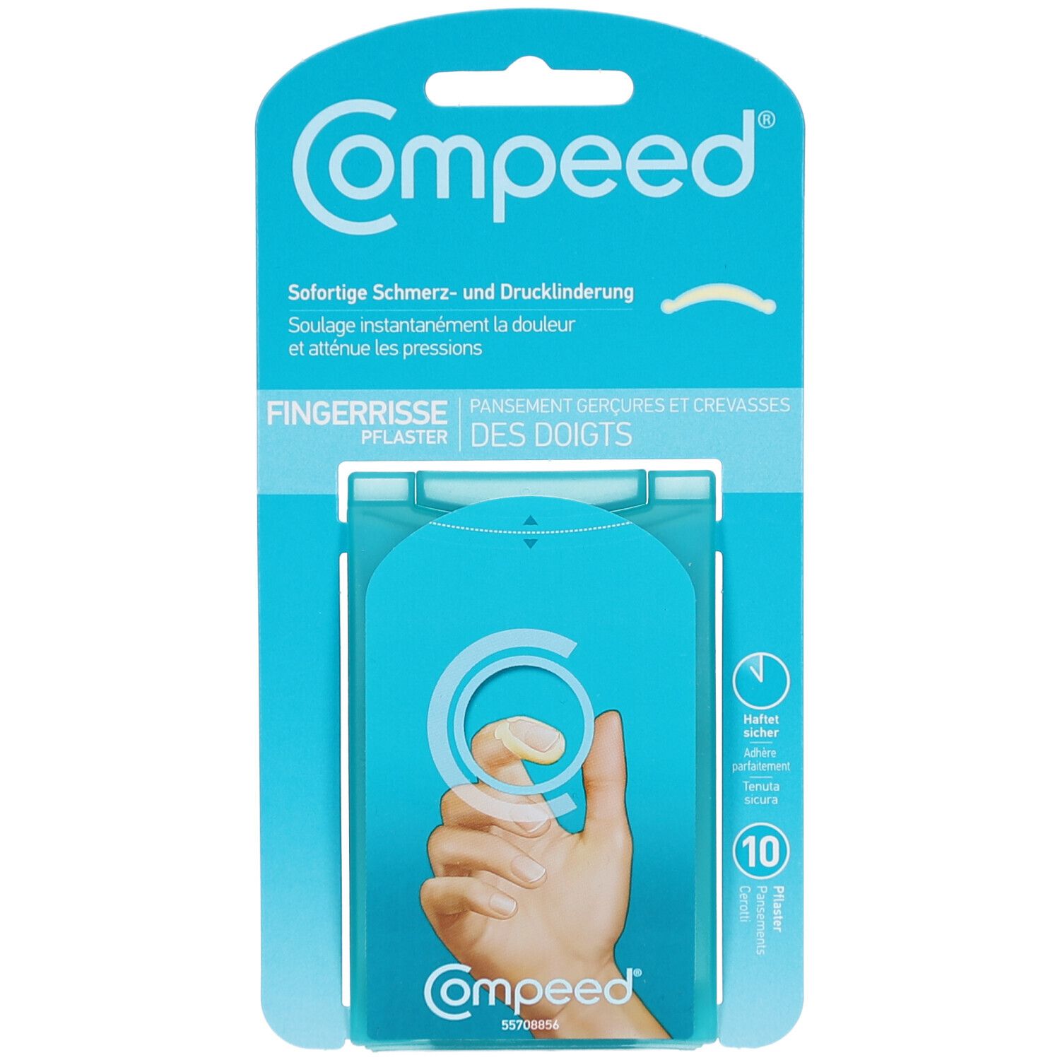 Blisterpackung mit Fingerpflastern. Türkis-weißes Design mit Produktname und Handabbildung. 10 Pflaster.