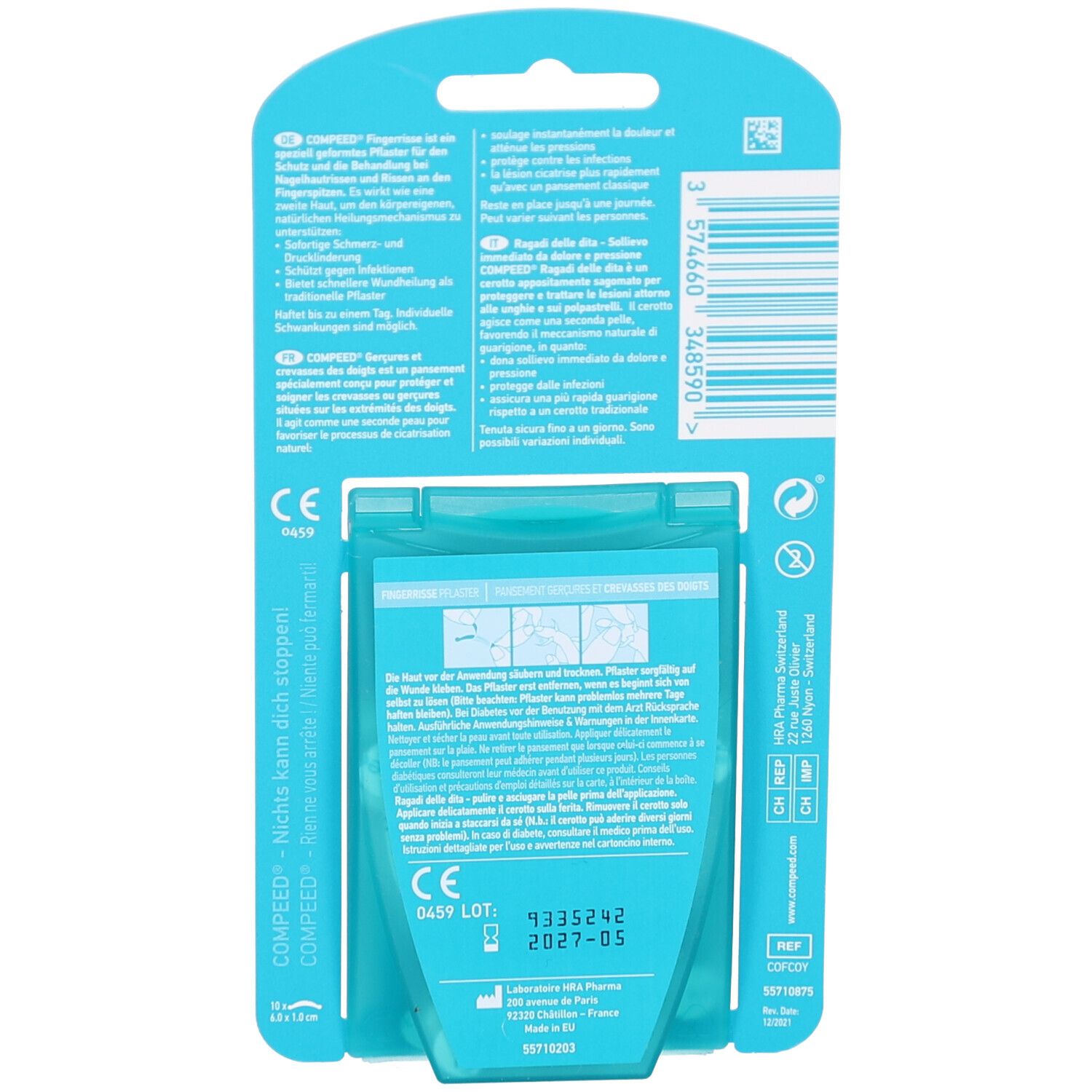 Rückseite der Blisterpackung. Türkis mit Text, Produktinformationen und Barcode. CE-Kennzeichnung.