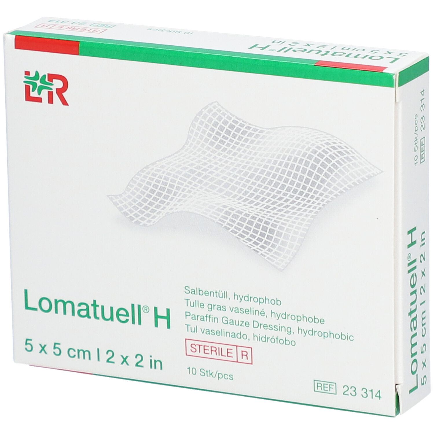 Verpackung Lomatuell® H 5 x 5 cm. Weiße Box mit grünem Deckel. Produktname und Größe deutlich sichtbar.