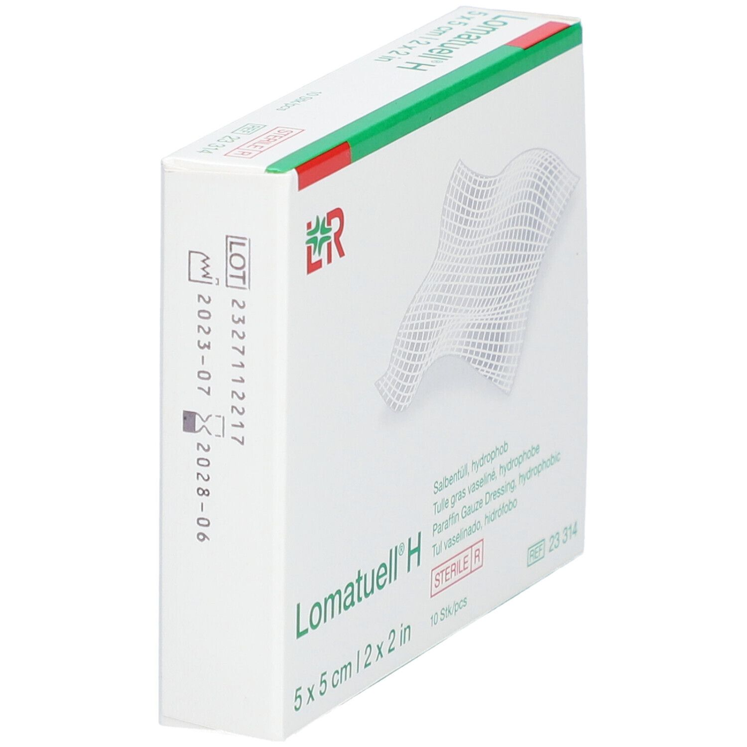 Lomatuell® H 5 x 5 cm Verpackung. Weiße Box mit grünen Akzenten. Produktname und Größe sind sichtbar.