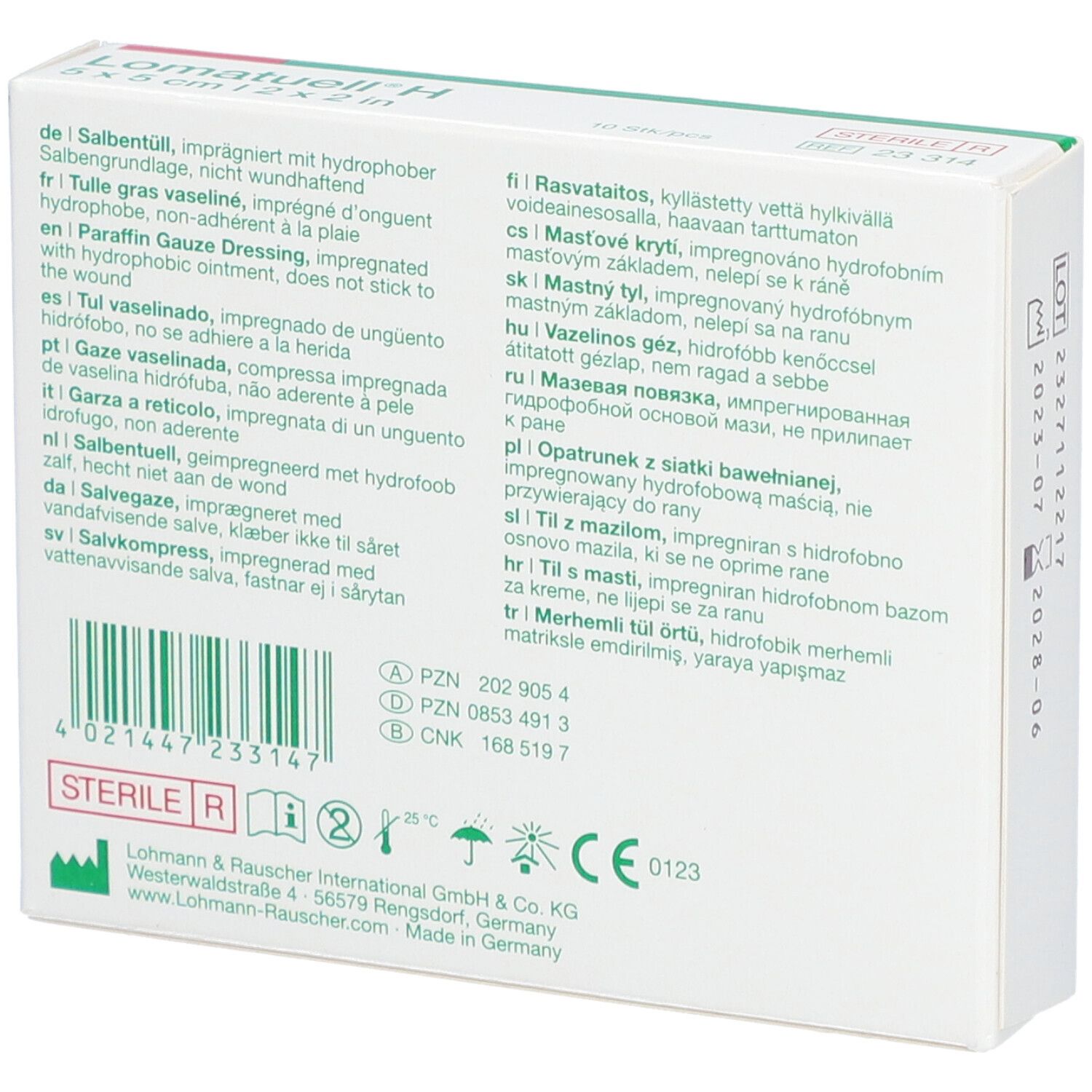 Rückseite der Lomatuell® H Verpackung. Mehrsprachige Produktinformationen und Herstellerangaben.
