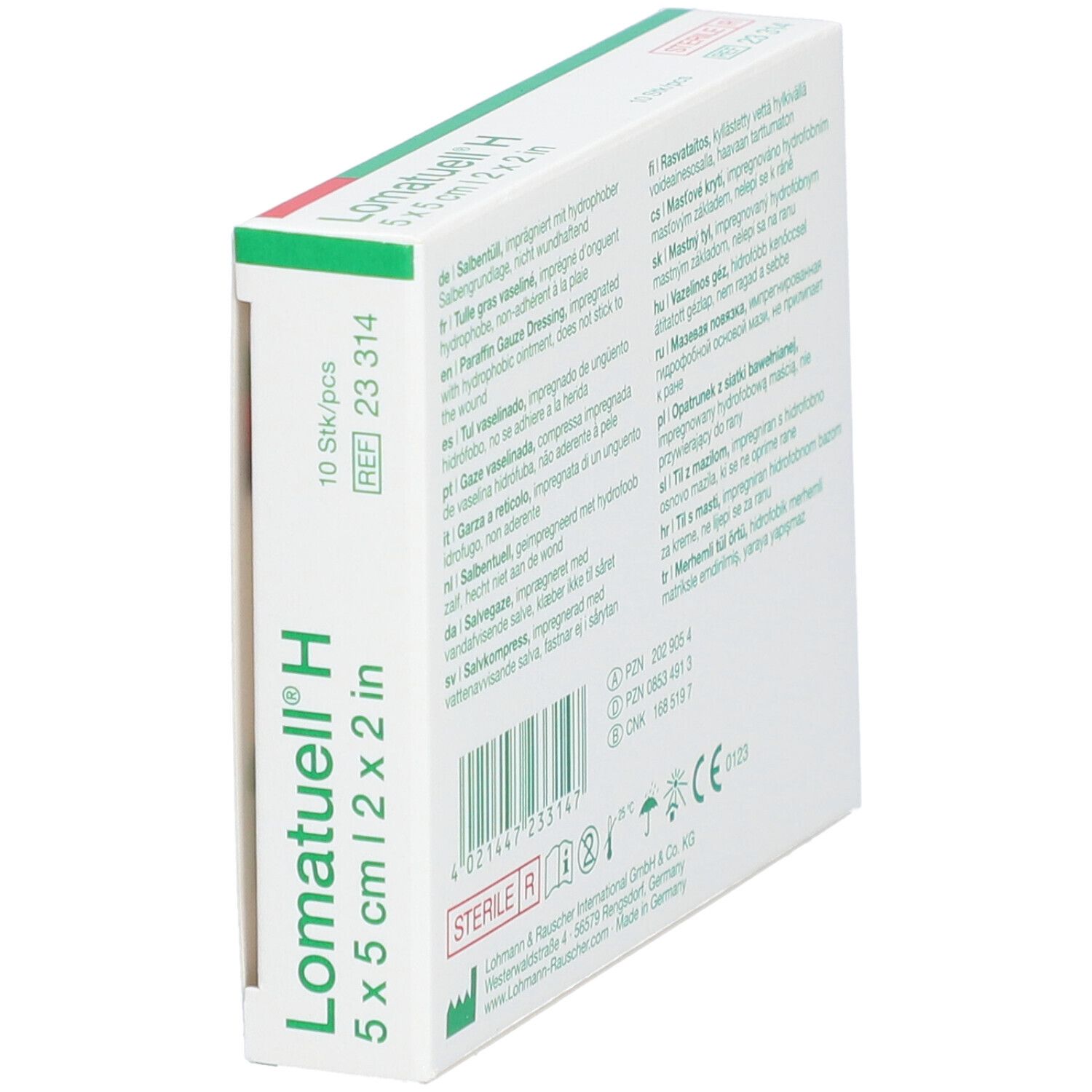 Lomatuell® H Verpackung, Seitenansicht. Produktname, Größe und weitere Informationen.