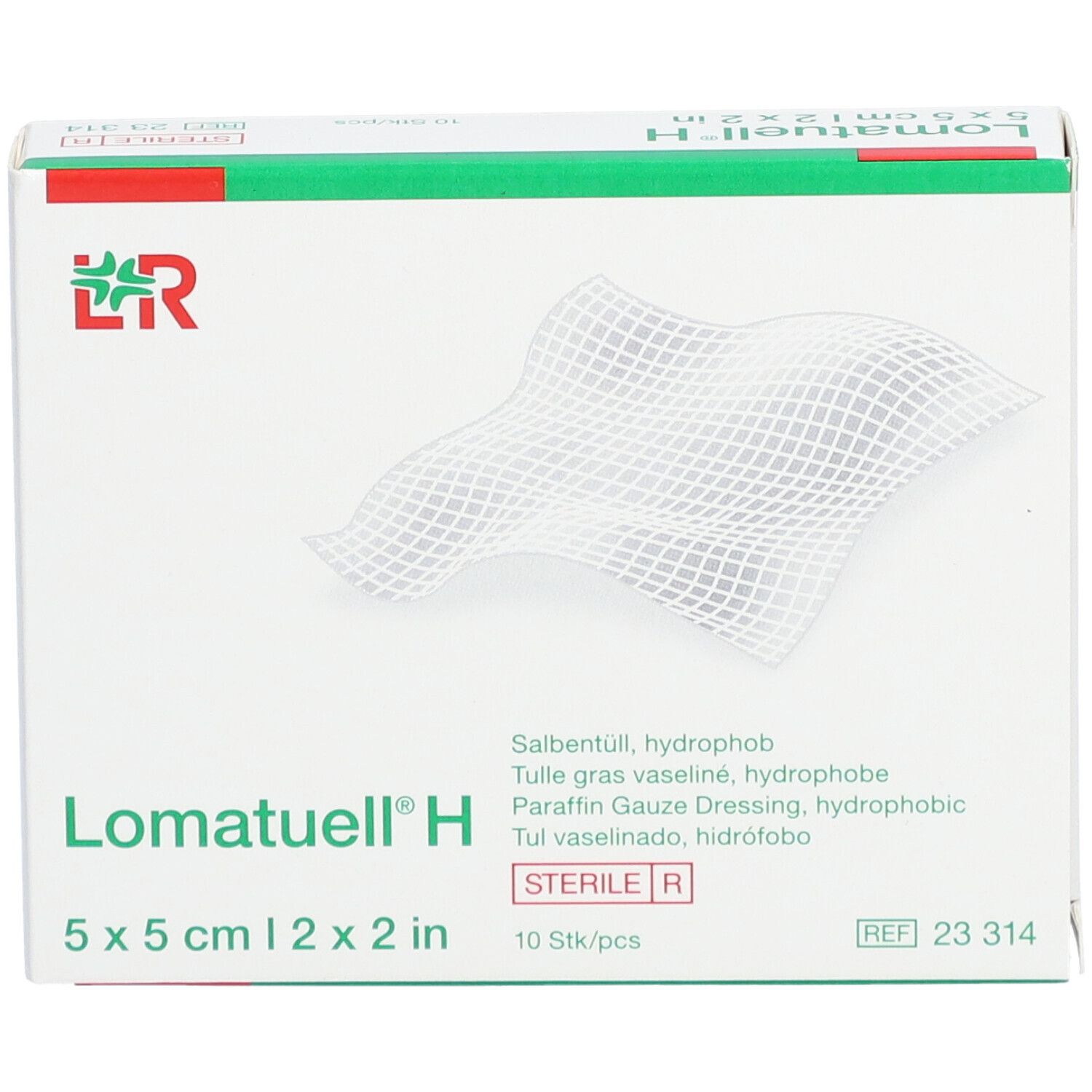 Lomatuell® H 5 x 5 cm Verpackung. Weiße Box mit grünem Deckel. Produktname und Größe deutlich sichtbar.