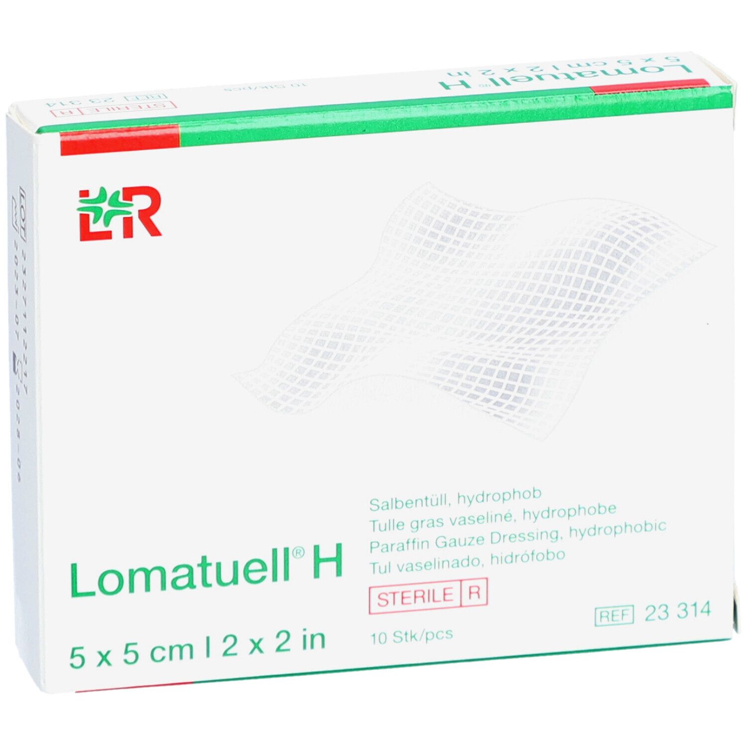 Lomatuell® H 5 x 5 cm Verpackung. Weiße Box mit grünem Deckel. Produktname und Größe deutlich sichtbar.