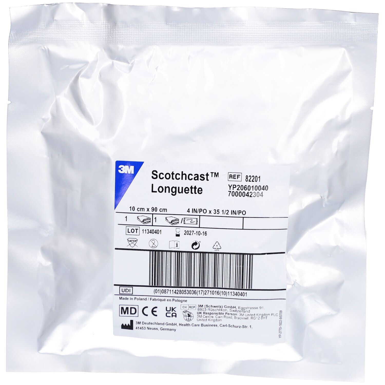 Verpackung mit 3M Scotchcast Longuette. Aufdrucke: 10 cm x 90 cm, REF 82201, Chargennummer, CE-Kennzeichnung.