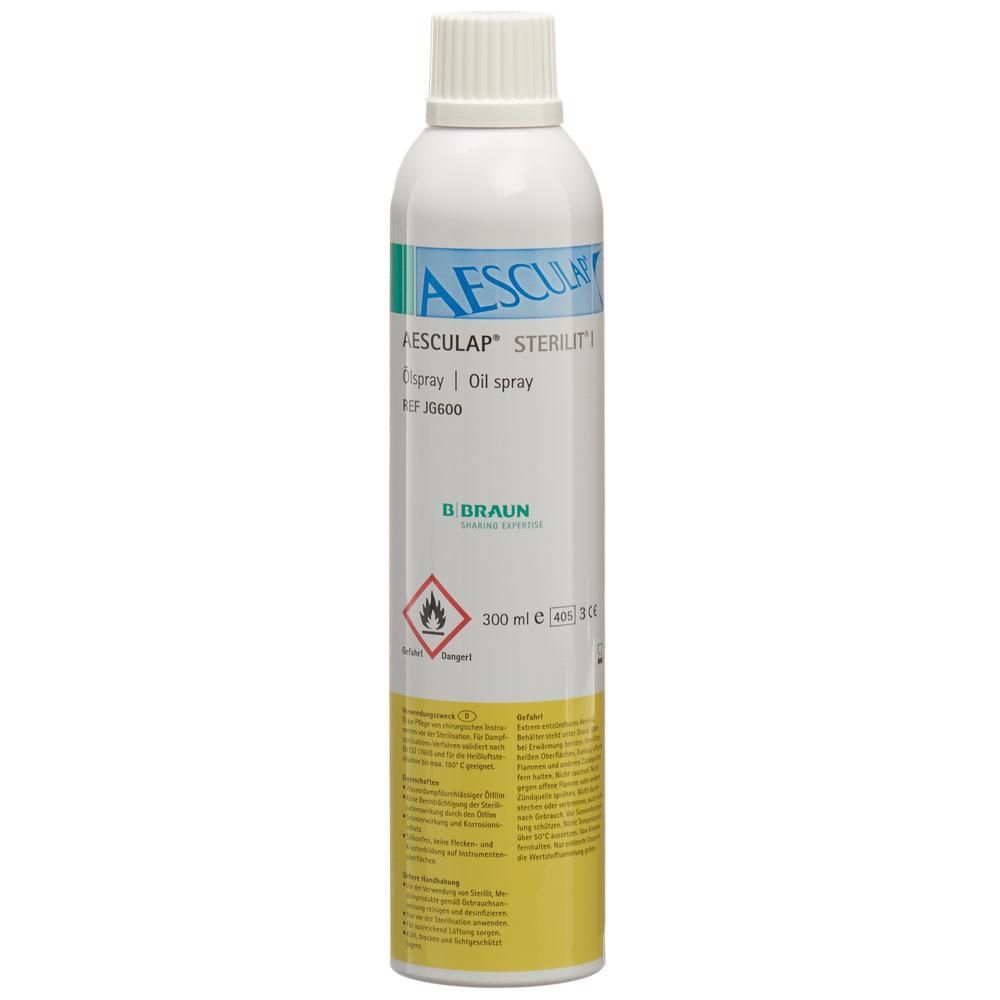 Spray d'huile Aesculap Sterilit I. Flacon blanc avec texte bleu-vert. Contient 300 ml. Avertissement : Inflammable.