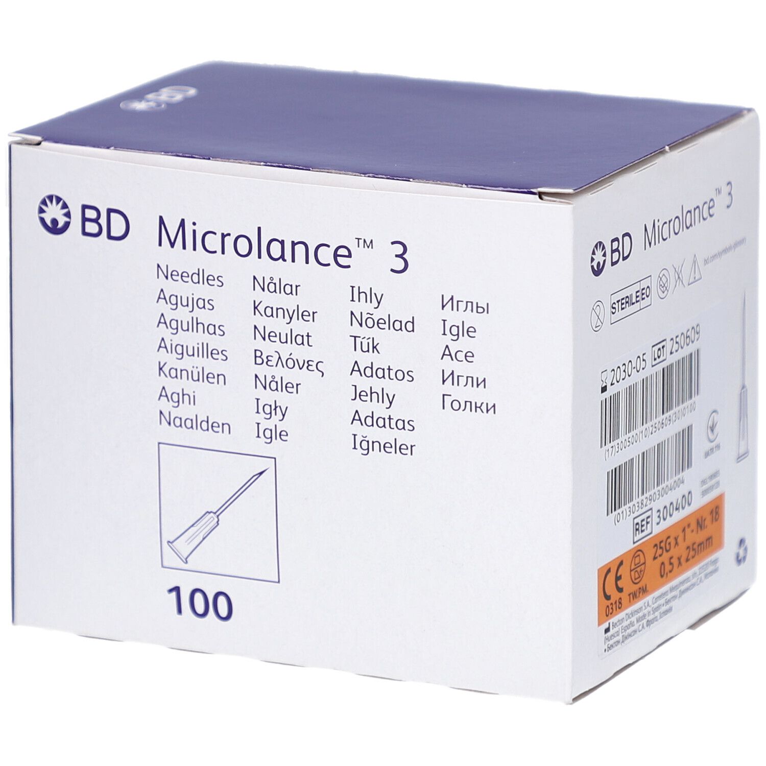 Verpackung von BD Microlance 3. Enthält 100 Nadeln. Produktname und Marke deutlich sichtbar.