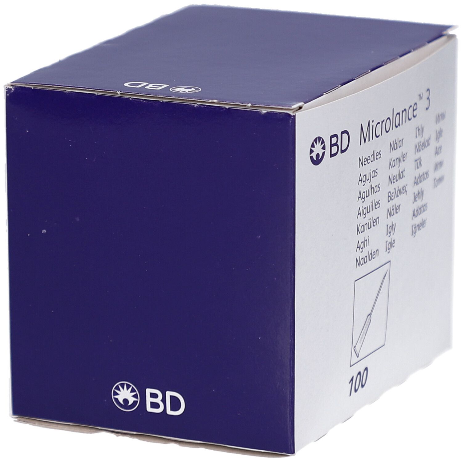 Geschlossene Verpackung von BD Microlance 3. Blaue und weiße Farbgebung. Marke und Produktname.