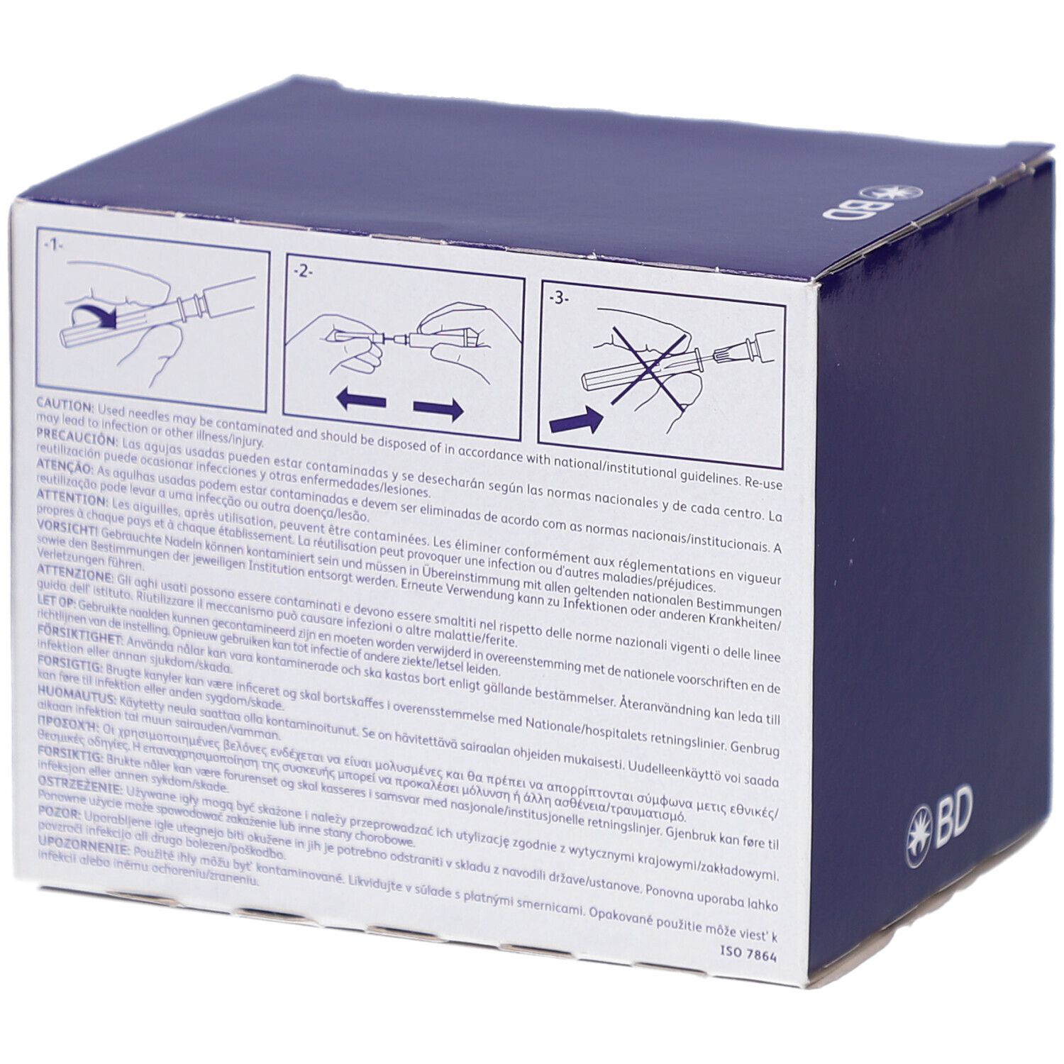 Rückseite der Verpackung von BD Microlance 3. Warnhinweise und Gebrauchsanweisungen.