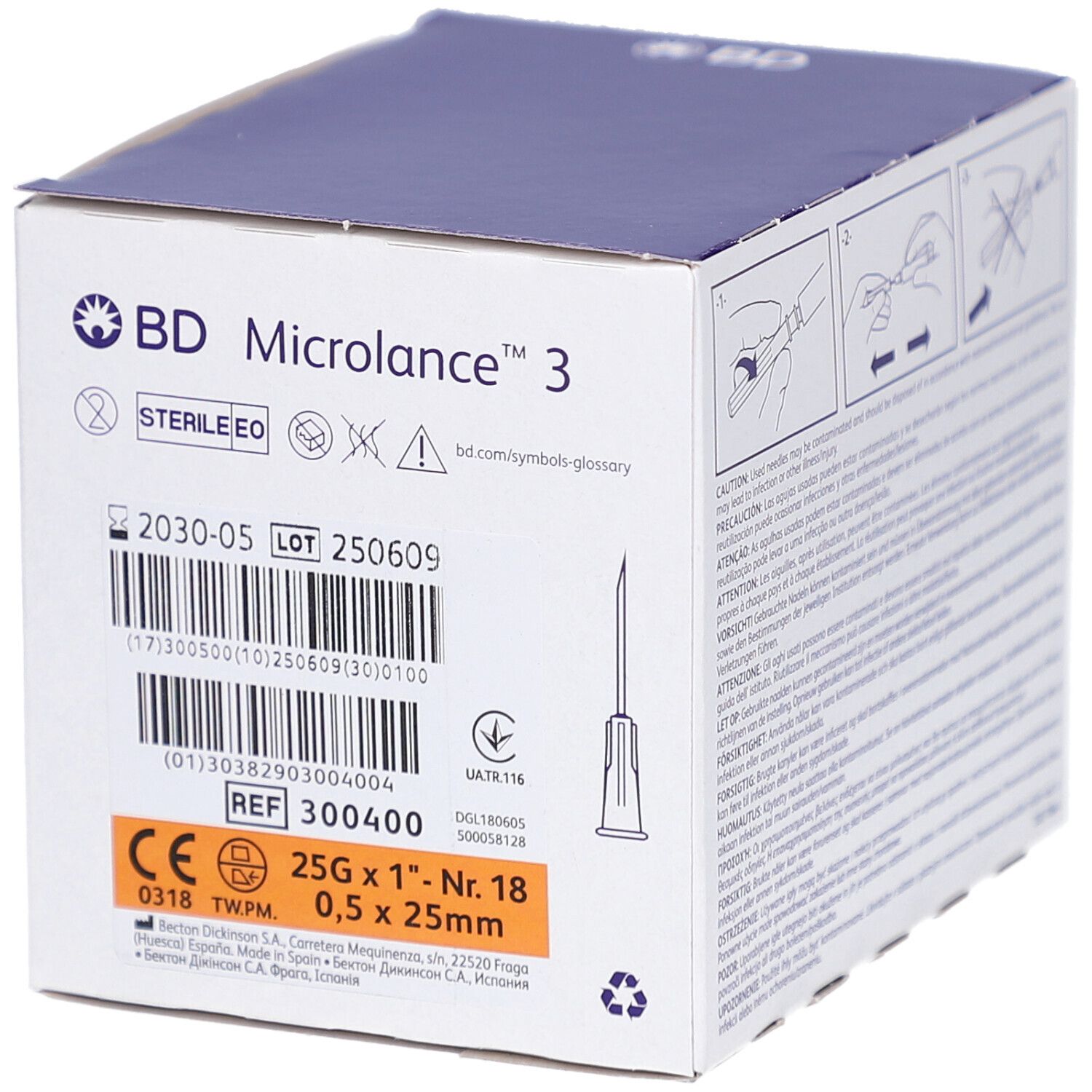 Verpackung von BD Microlance 3. Produktinformationen, Nadelgröße 0,5 x 25 mm. Steril.