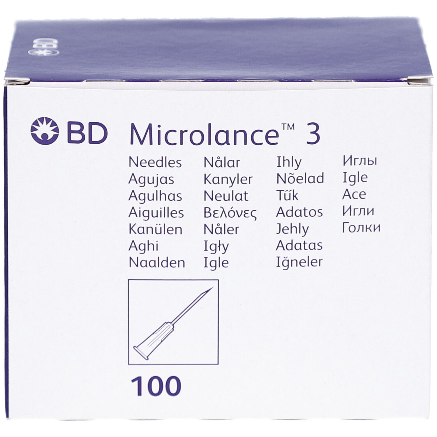 Verpackung von BD Microlance 3. Enthält 100 Nadeln. Produktname und Marke deutlich sichtbar.