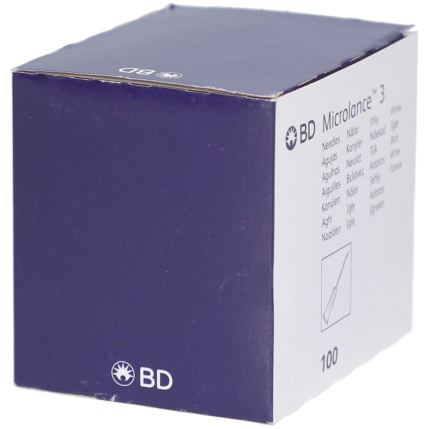 Dunkelblaue Verpackung von BD Microlance 3 Nadeln. Marke und Produktname auf weißem Feld.