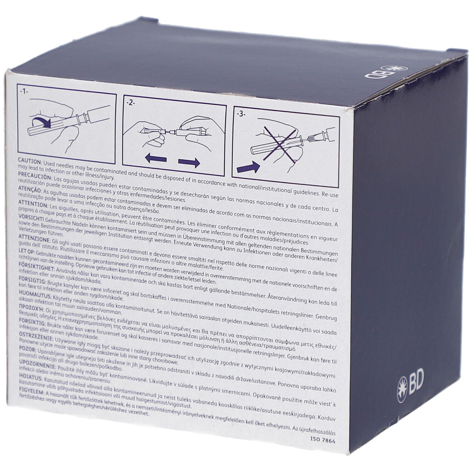 Rückseite der Verpackung von BD Microlance 3 Nadeln. Warnhinweise und Anweisungen in mehreren Sprachen.