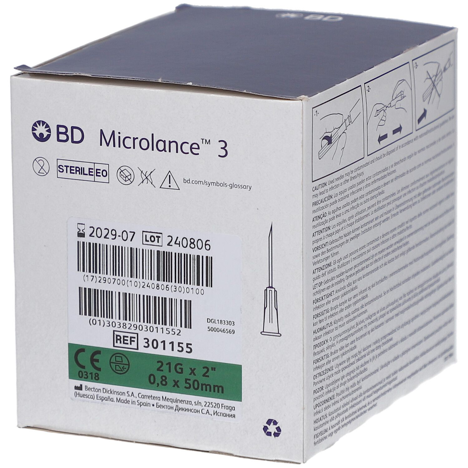 Verpackung von BD Microlance 3 Nadeln. Aufdrucke: Produktname, Chargennummer, Größe 21G x 2", CE-Kennzeichnung.