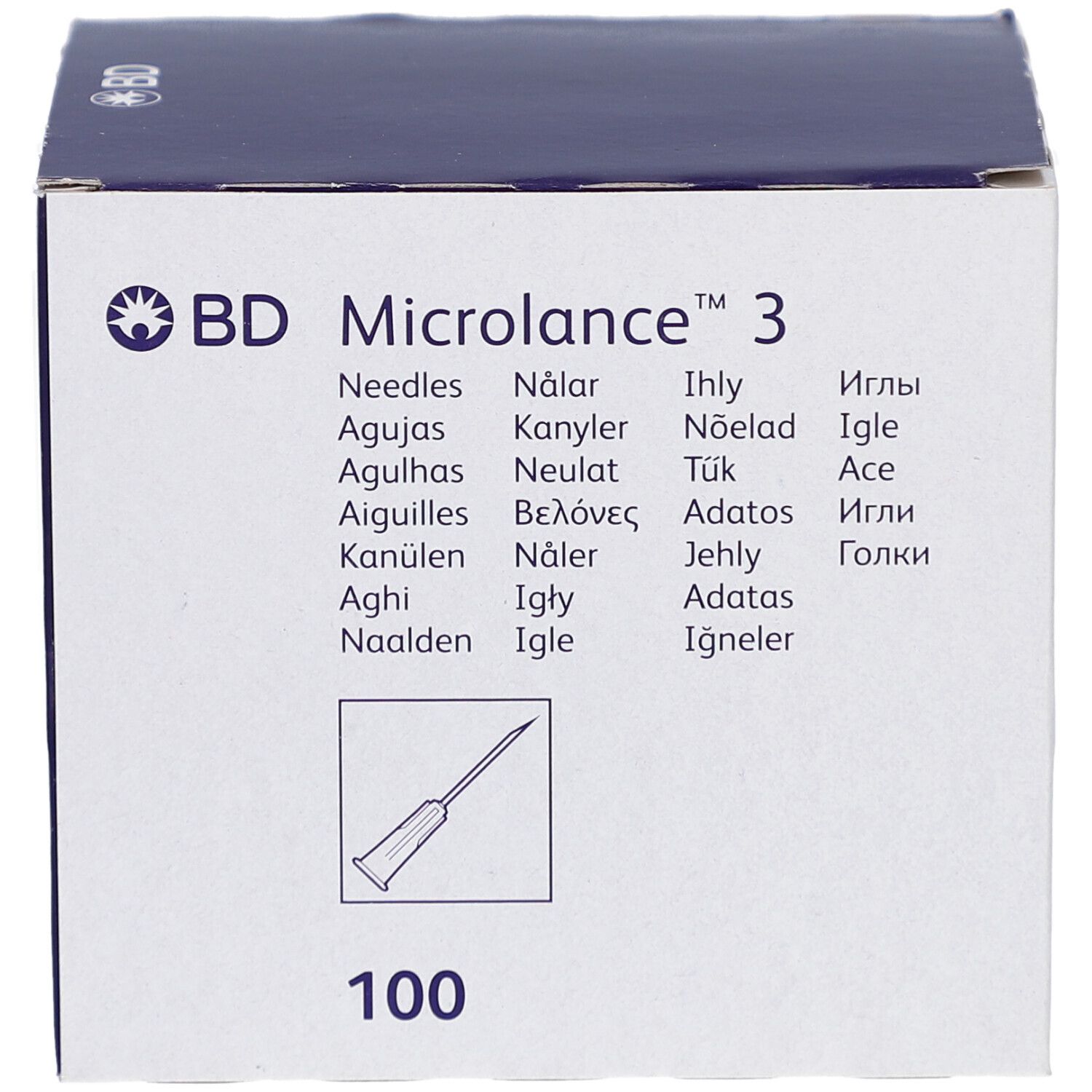 Verpackung von BD Microlance 3 Nadeln. Aufdrucke: Marke, Produktname, Nadel-Illustration, 100 Stück.