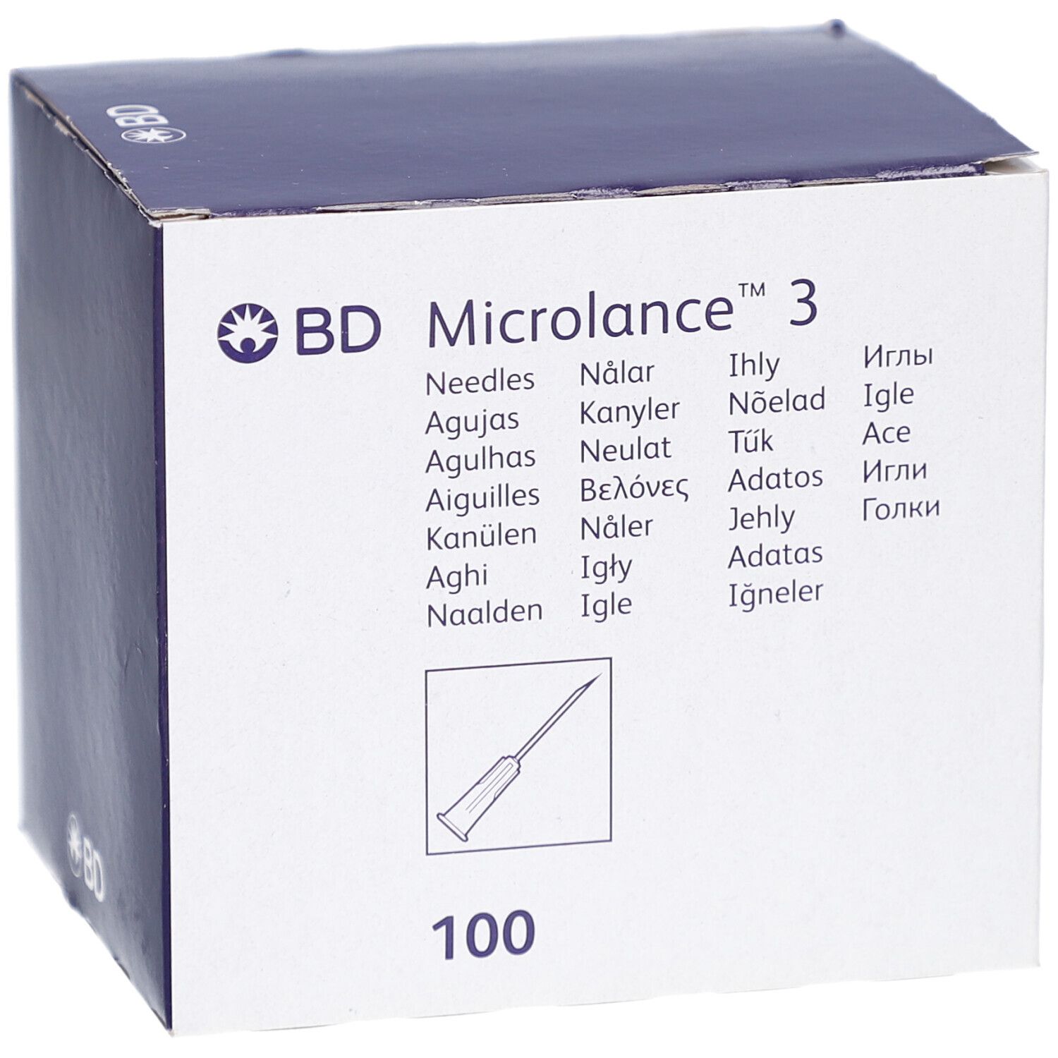 Dunkelblaue Verpackung von BD Microlance 3 Nadeln. Marke, Produktname, Nadel-Illustration, 100 Stück.