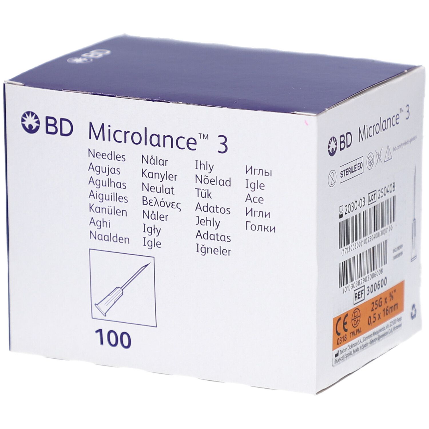 Karton mit Produktbezeichnung und Nadel-Symbol. Aufschrift: BD Microlance 3, 100 Stück.