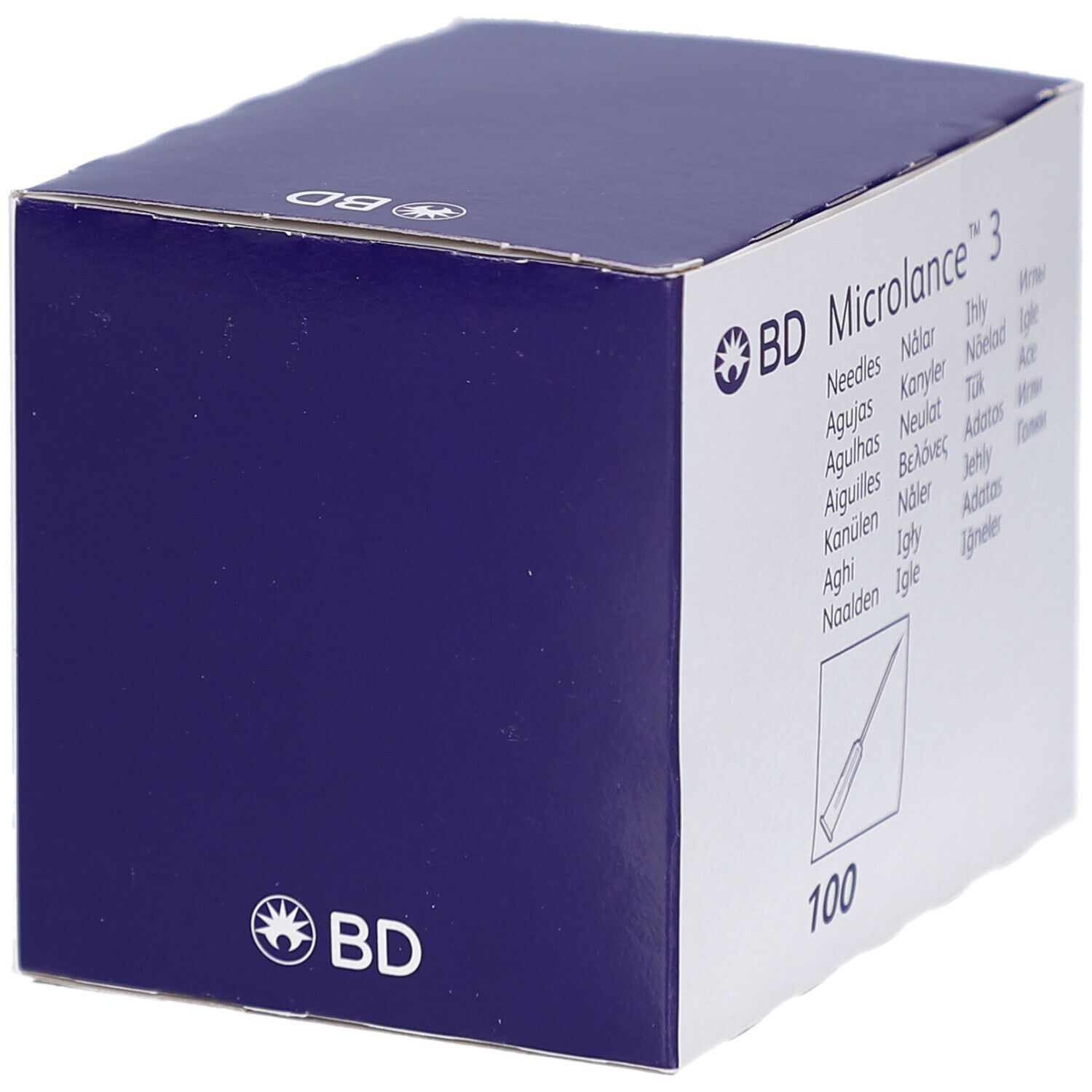 Blau-weiße Produktverpackung. Aufschrift: BD Microlance 3, 100 Stück. Logo BD.